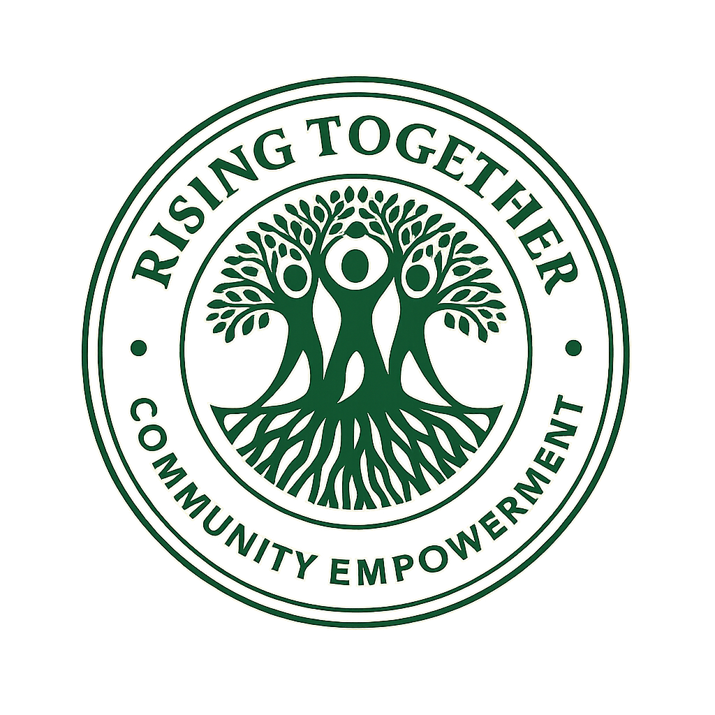 A logo with a green tree and three figures inside a circle, containing the text 'Rising Together Community Empowerment'.
