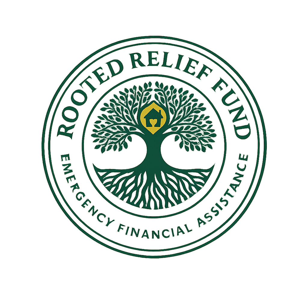 Logo of Rooted Relief Fund featuring a tree with green leaves and roots, a house-shaped emblem in the center, and the words 'Rooted Relief Fund' and 'Emergency Financial Assistance' in a circular design.