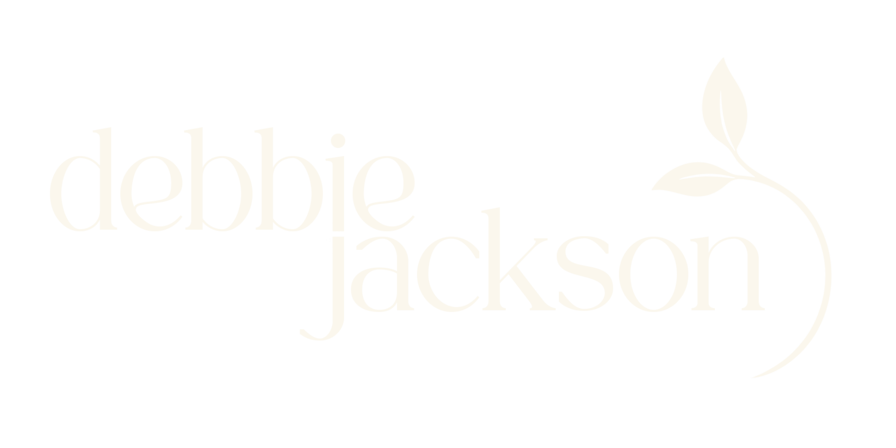 Logo with the name Debbie Jackson in lowercase, stylized font, with a white leaf and stem design on a black background.