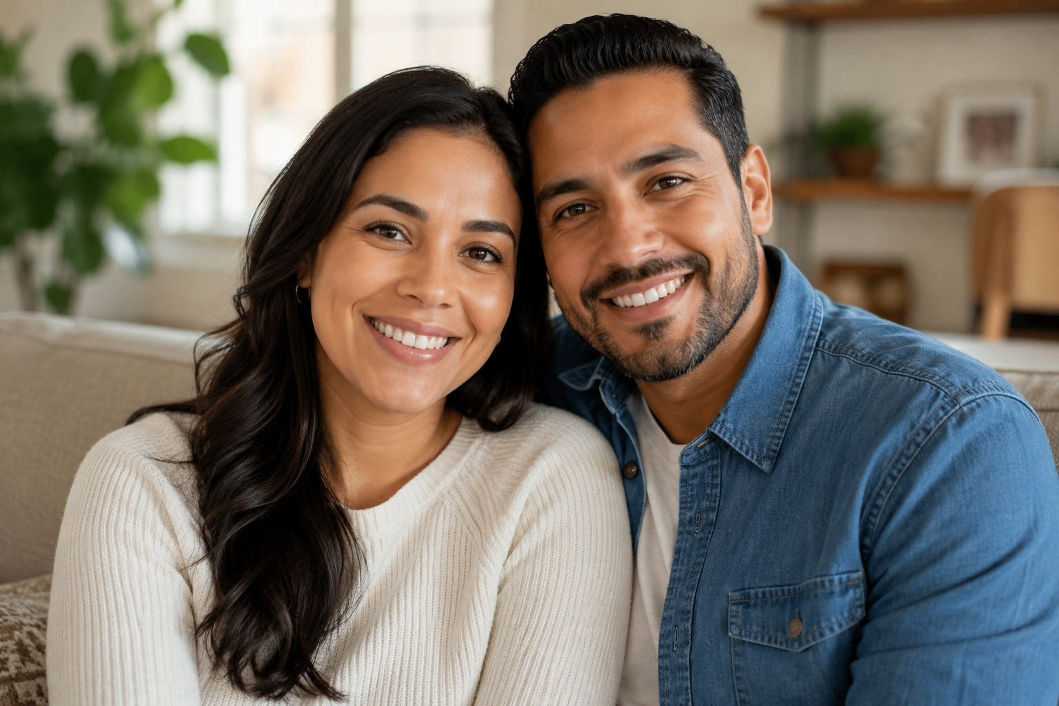 A smiling couple sitting on a beige couch in a cozy living room, with a large window, green plant, and decorative items in the background.