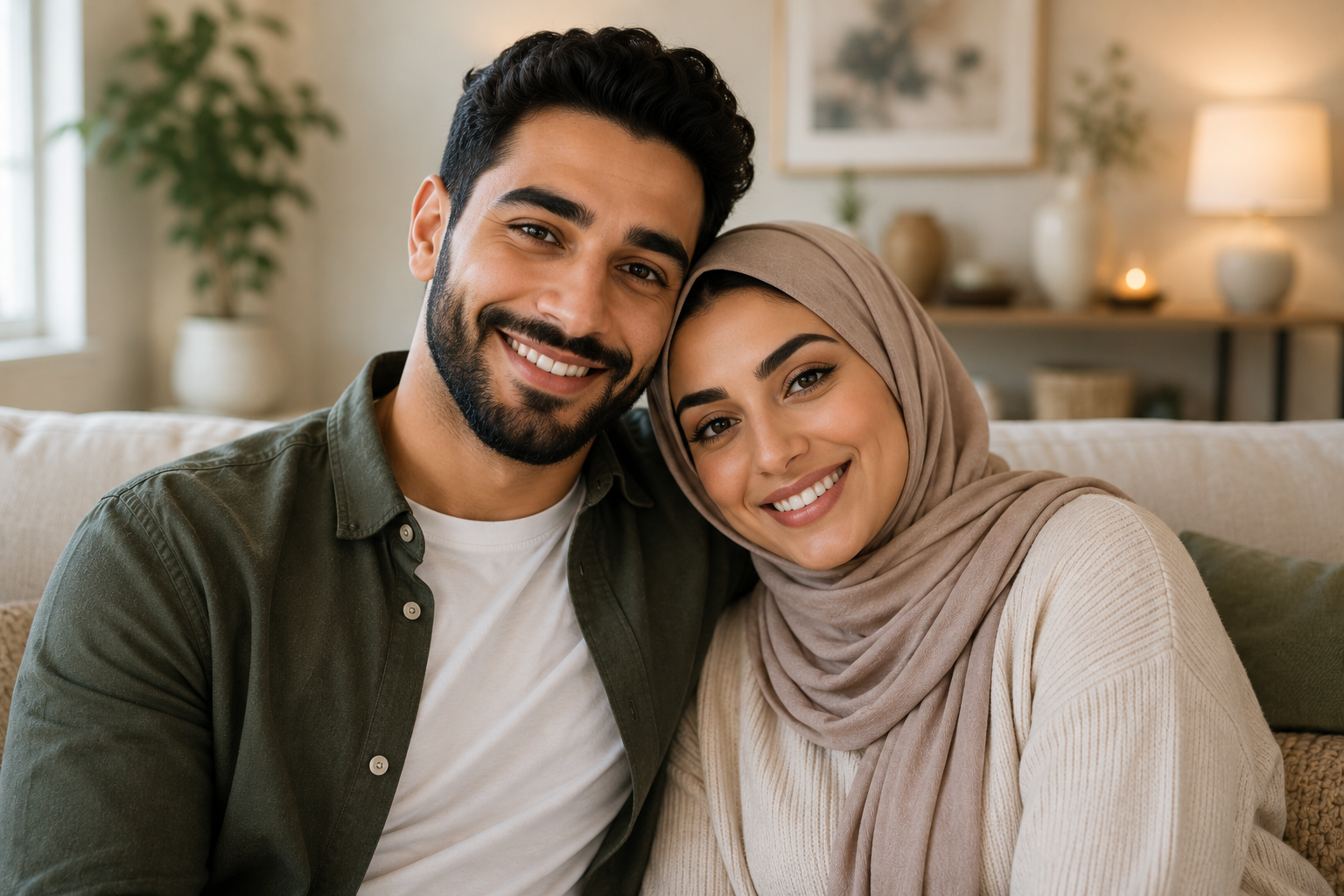 A happy man and woman sitting closely together on a beige sofa in a living room, smiling at the camera, with a woman wearing a beige hijab and a man in a dark green shirt.