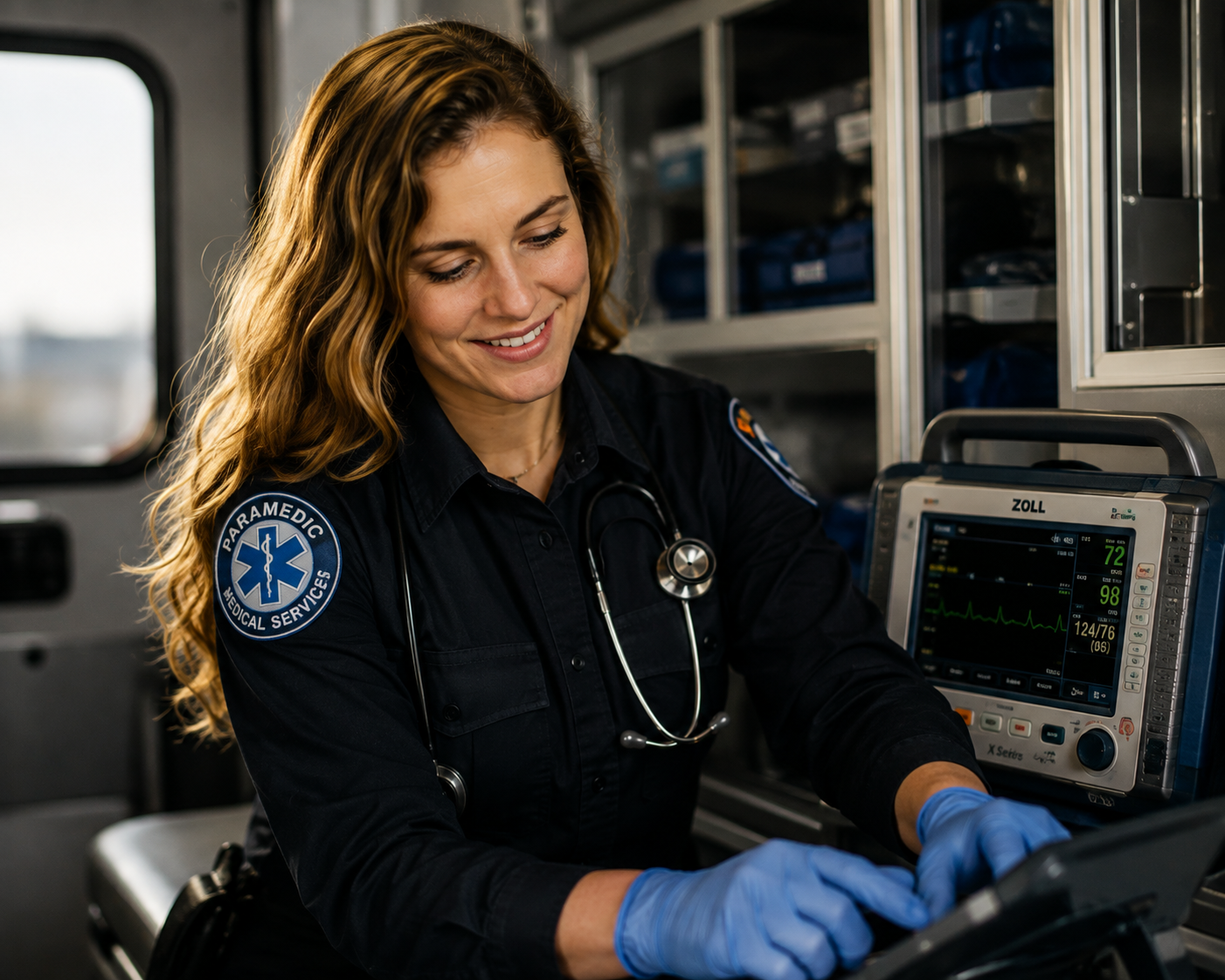A female paramedic with long wavy hair wearing a dark uniform with a paramedic patch on the sleeve, smiling and working with medical equipment inside an ambulance.