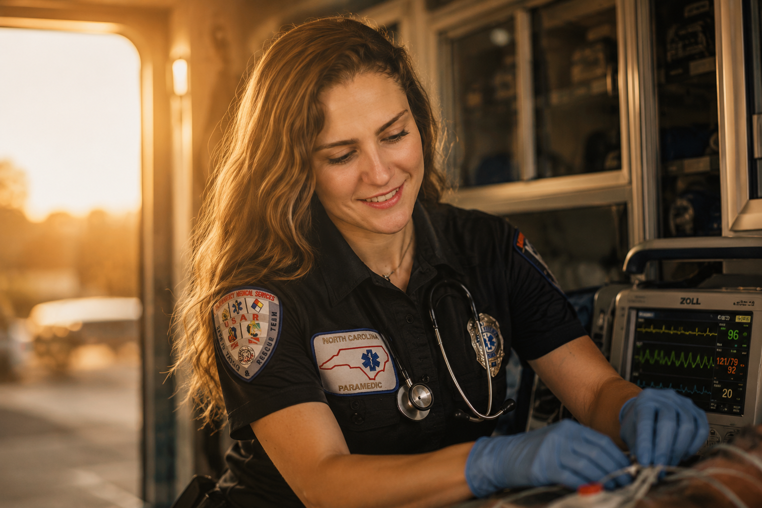 A female paramedic wearing a North Carolina patch, blue gloves, and a stethoscope is tending to a patient in an ambulance during sunset.