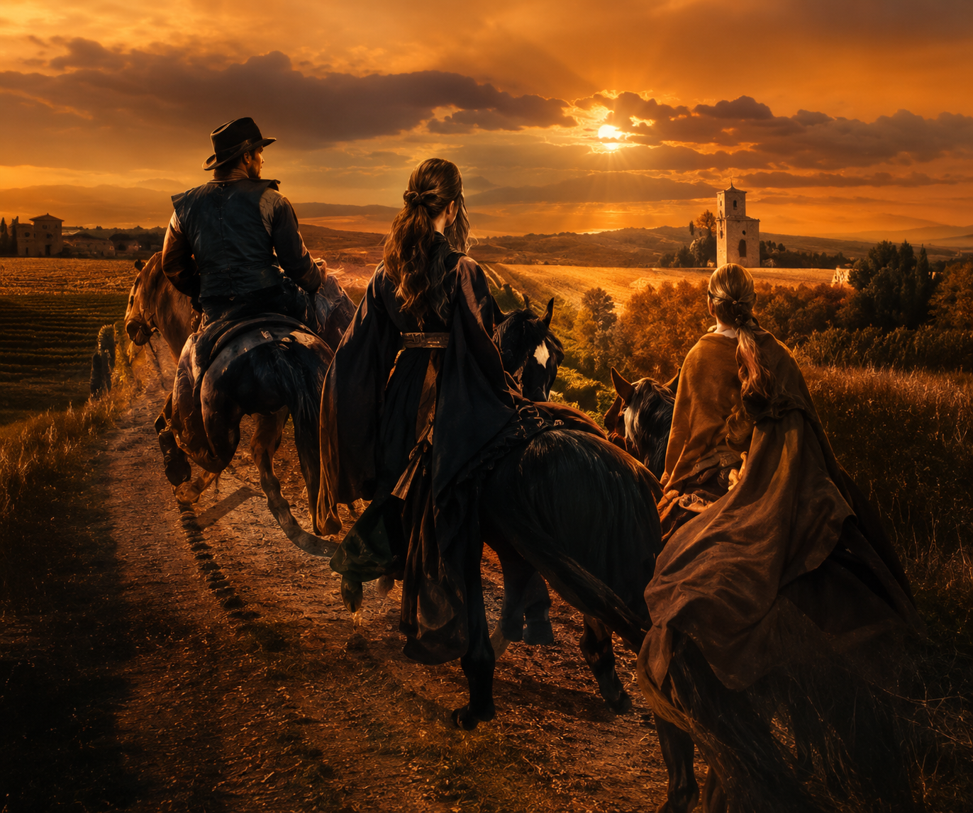 Four people, three women and one man, riding horses along a dirt path at sunset with a rural landscape and a tall tower in the background.