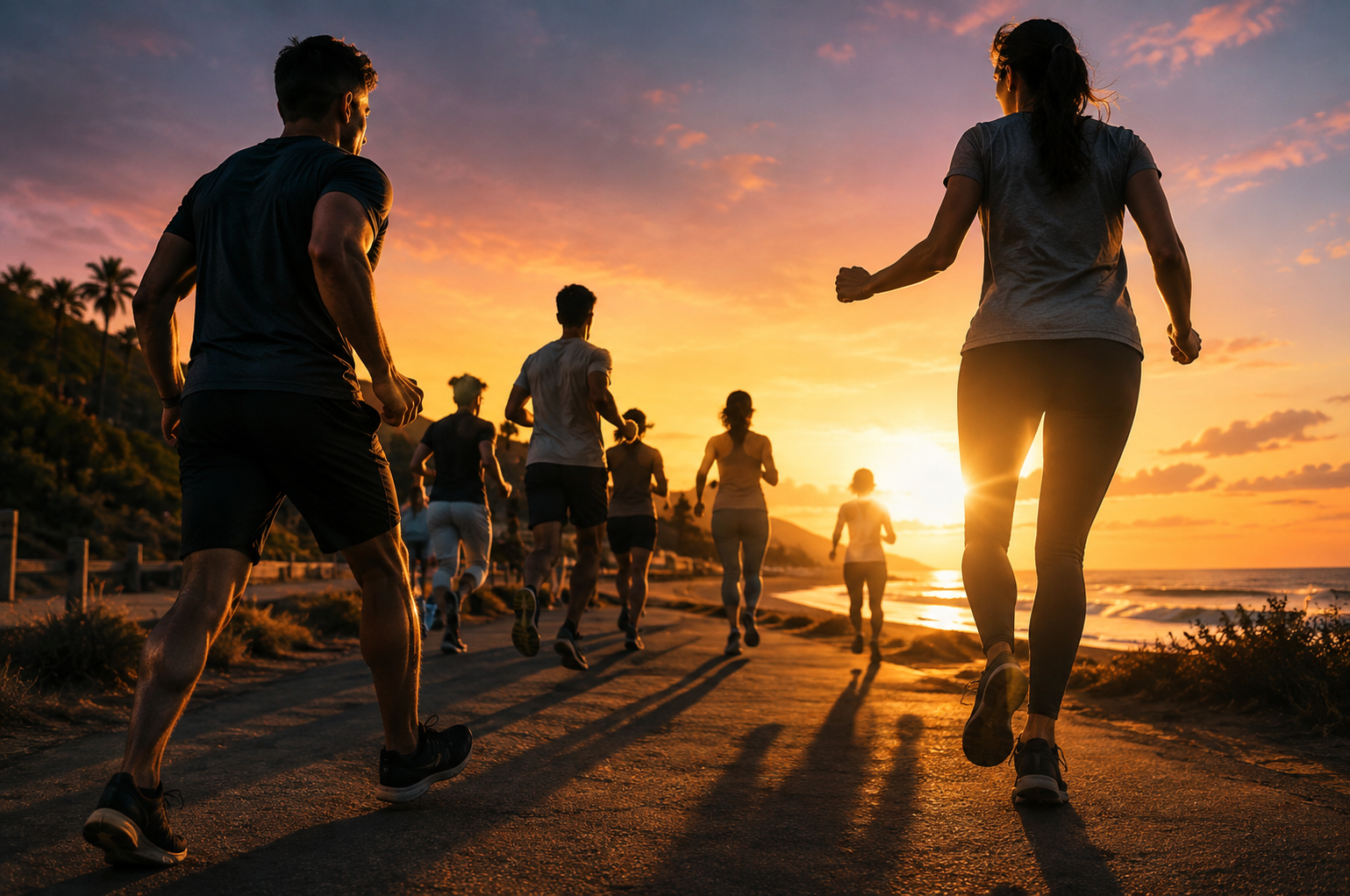 Group of people running on a beachside trail during sunset.