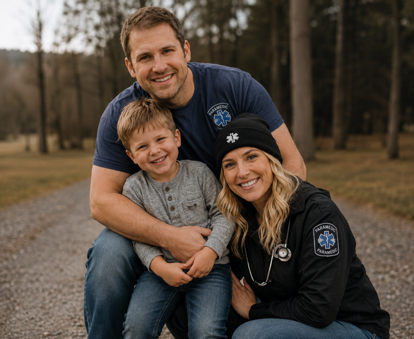 A paramedic family outdoors, smiling, with a man, woman in paramedic uniform with stethoscope, and young boy, standing on a gravel path with trees in the background.
