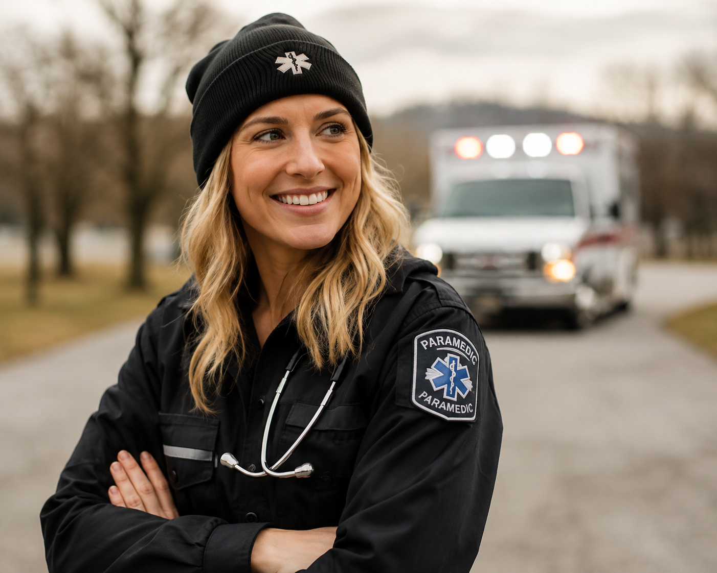 A female paramedic standing outdoors with an ambulance in the background, smiling and looking to the side, wearing a black beanie and uniform with a paramedic badge and stethoscope.