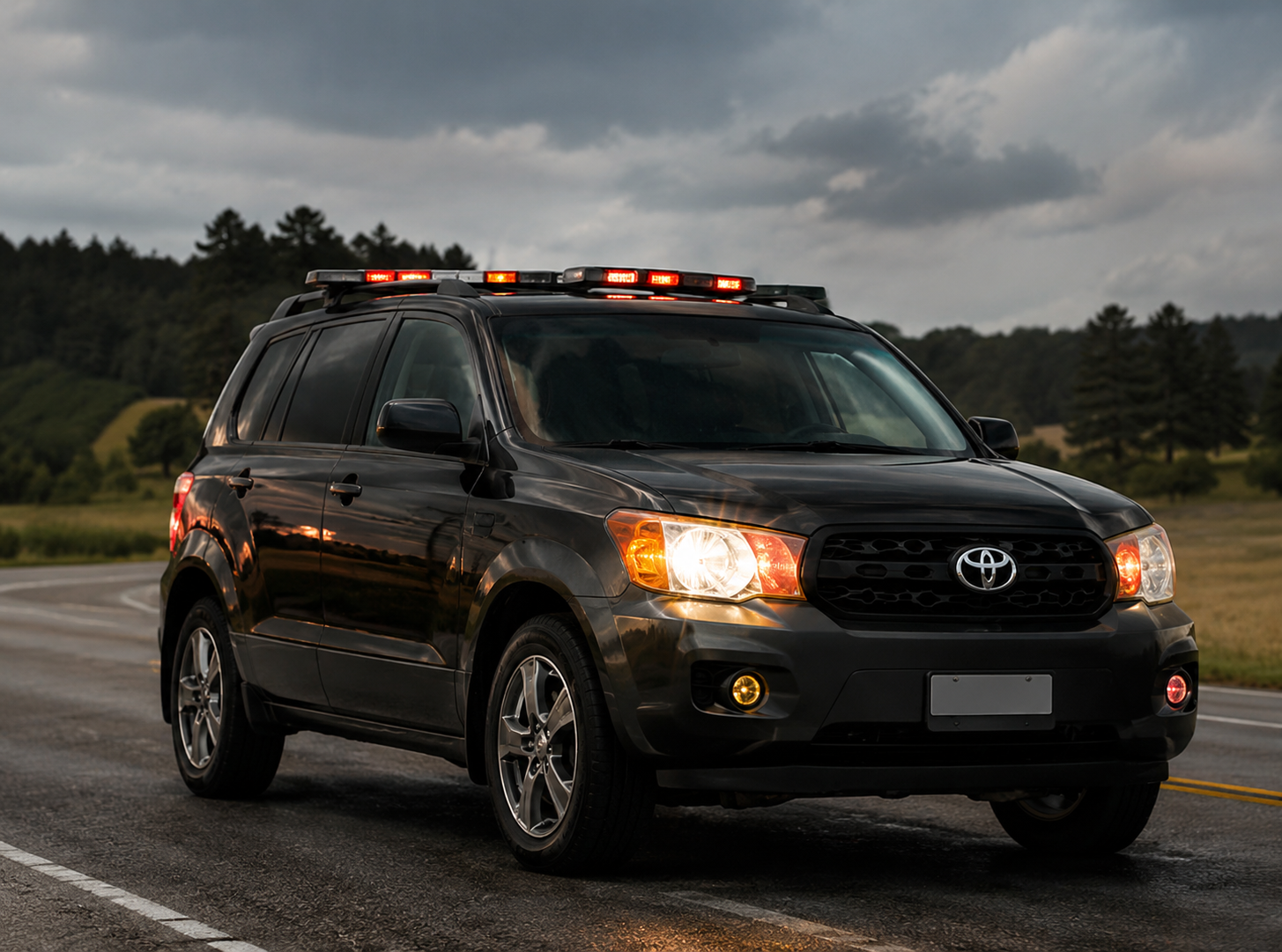 Black police SUV with roof lights on a rural road during cloudy weather.