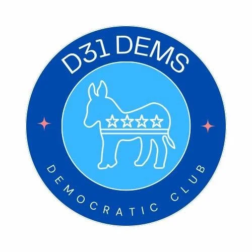Two blue concentric circles with the light blue inside of the dark blue circle. The light blue circle has a donkey drawing inside of it. The dark blue circle says "D31 Dems" at the top, has two pink stars in the middle, and "Democratic Club" below.