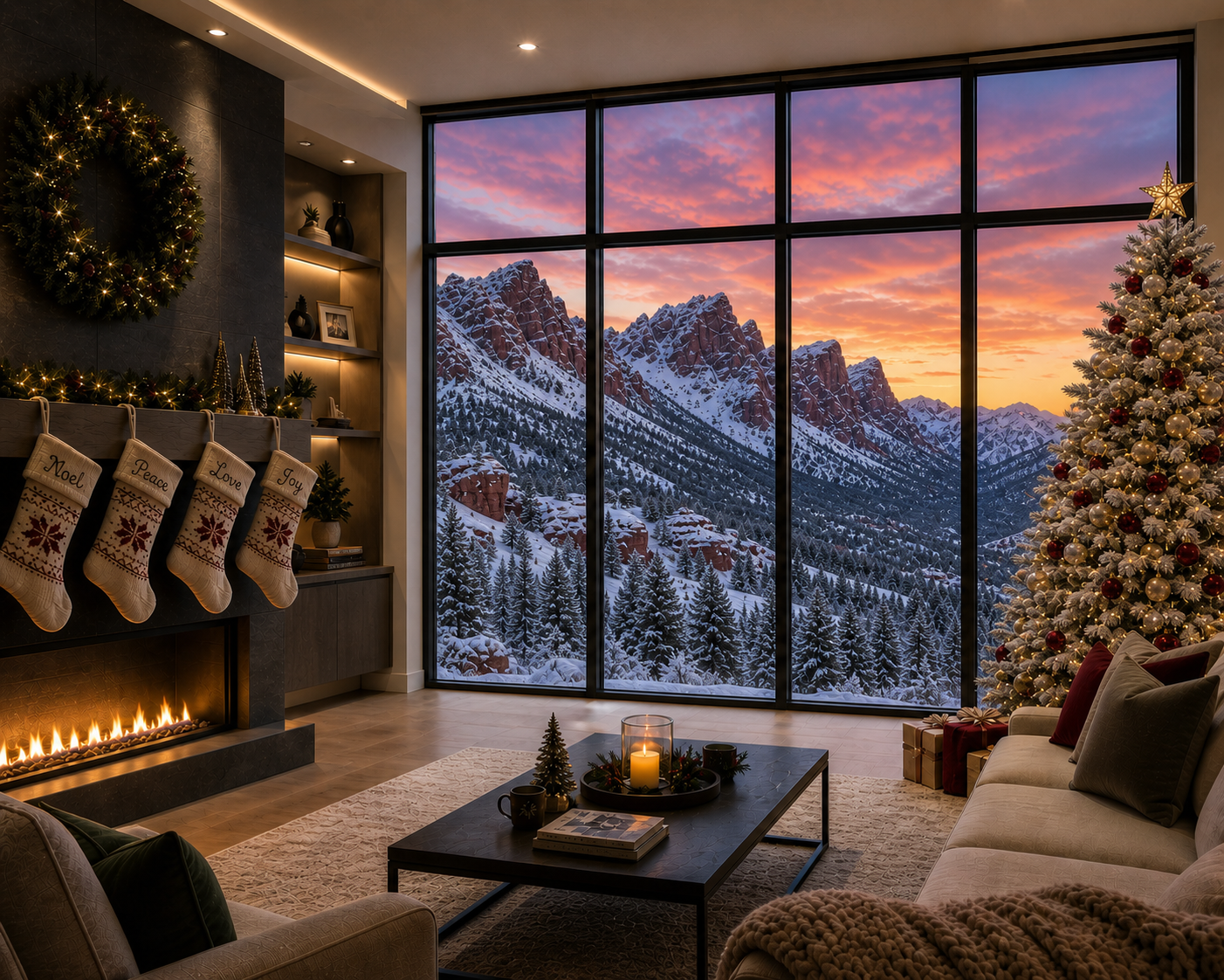Modern living room decorated for Christmas with a fireplace, stockings, a Christmas tree, and snow-covered mountains view through large windows at sunset.
