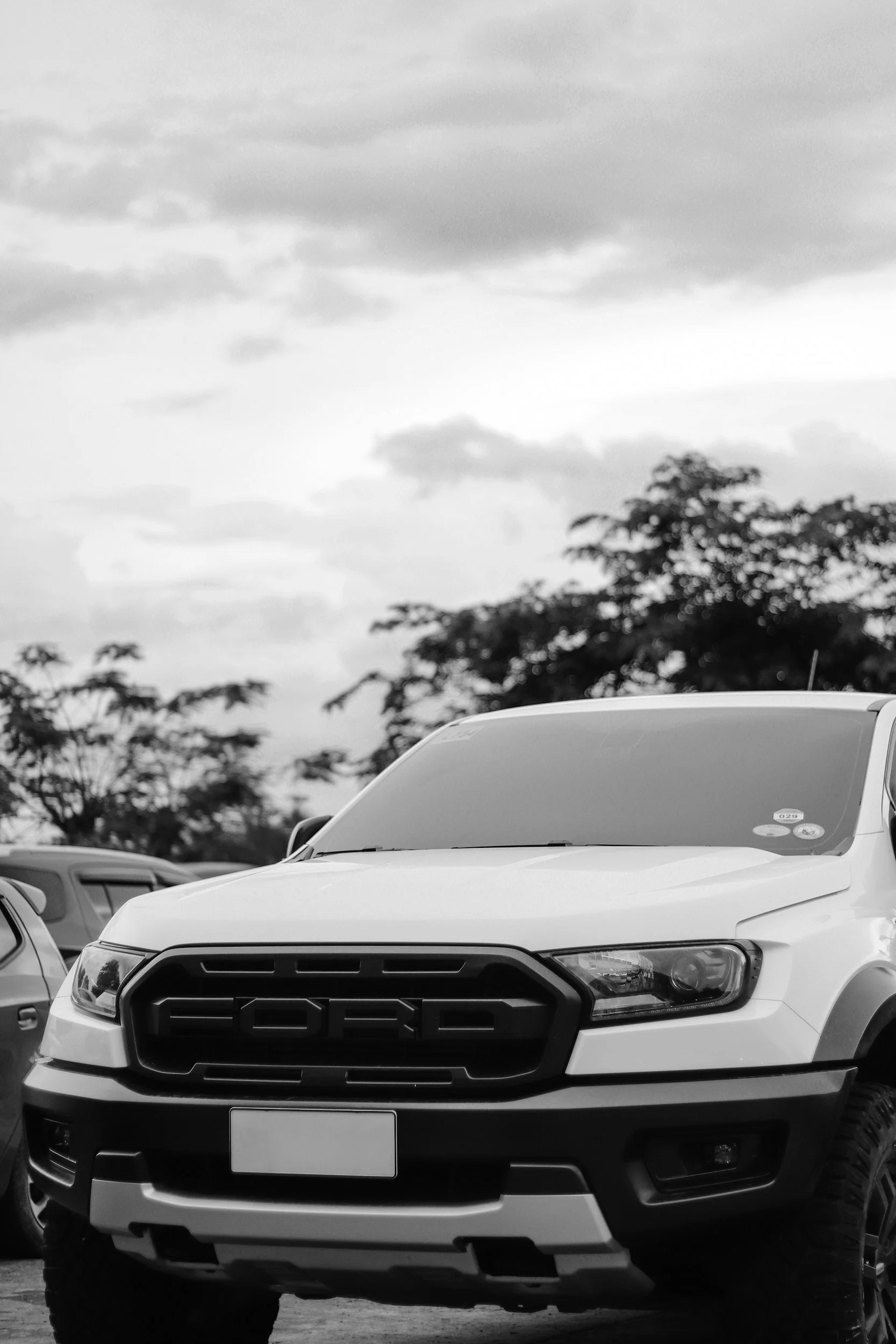 Front view of a white pickup truck with a black grille, parked among other vehicles, with trees and cloudy sky in the background