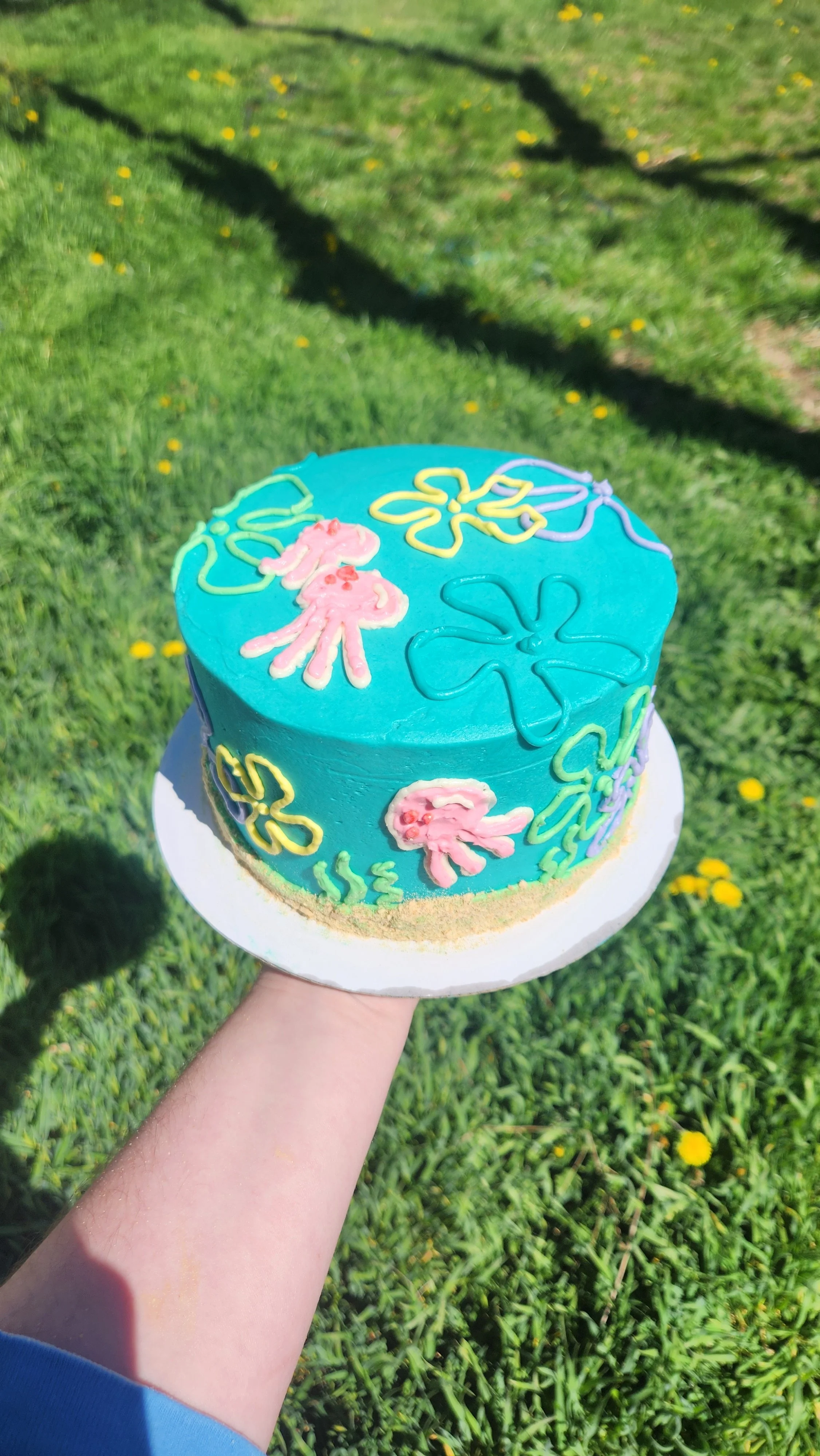 A person holding a blue frosted cake decorated with pastel-colored flower and octopus designs against a grassy outdoor background.