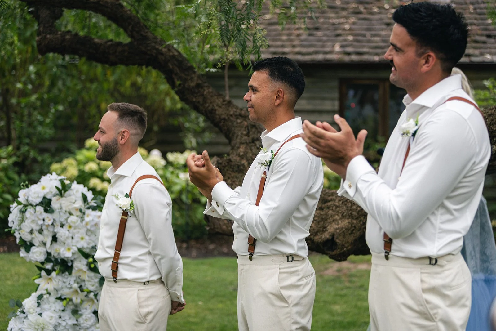 Groomsman Corsage Suspenders Beige Pants