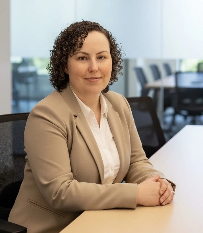 A woman with curly hair in a beige blazer seated at a conference table in a modern office with large windows.