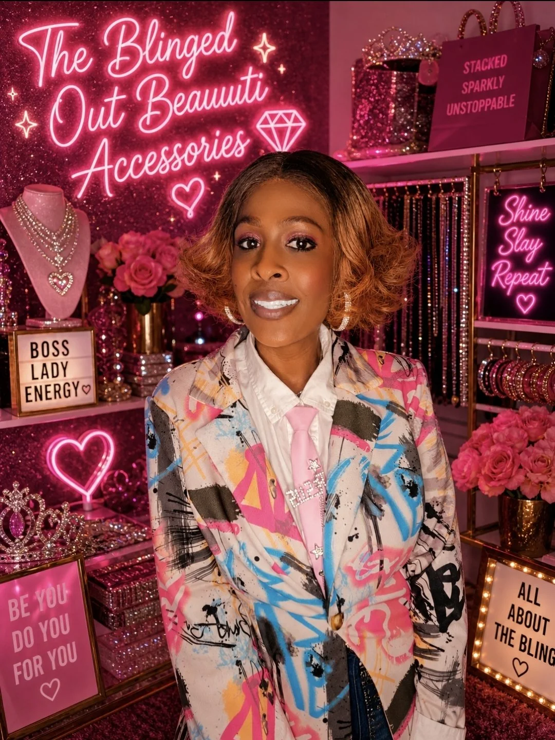 A woman with curly, shoulder-length hair wearing a colorful, graffiti-style blazer and a pink tie, standing in front of a pink, glittery background decorated with neon signs, jewelry displays, pink roses, and motivational signs. The signs say 'The Blinged Out Beaumti Accessories,' 'Shine Slay Repeat,' 'Be you do you for you,' and 'All about the bling.' The setting appears to be a vibrant boutique or accessories store.
