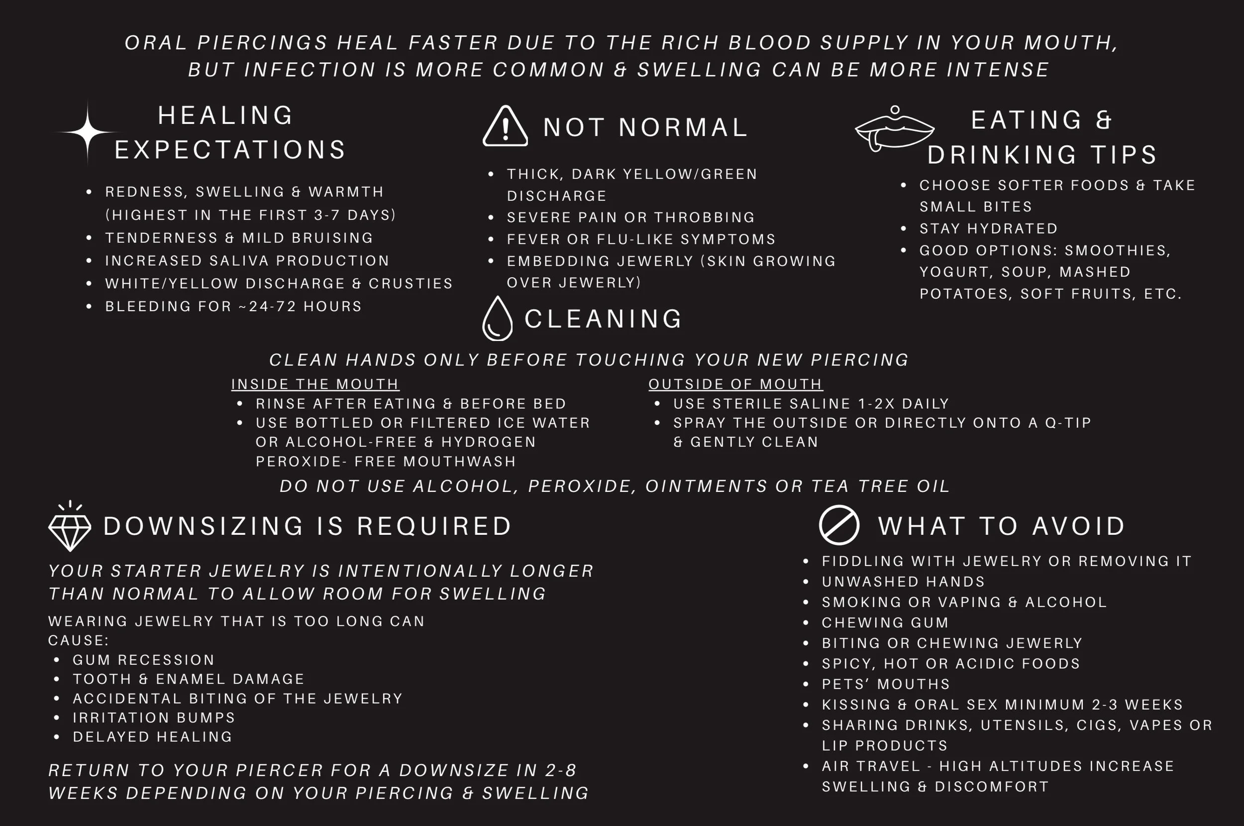 Guide on oral piercings, covering healing, abnormal signs, cleaning, jewelry, downsizing, and what to avoid.