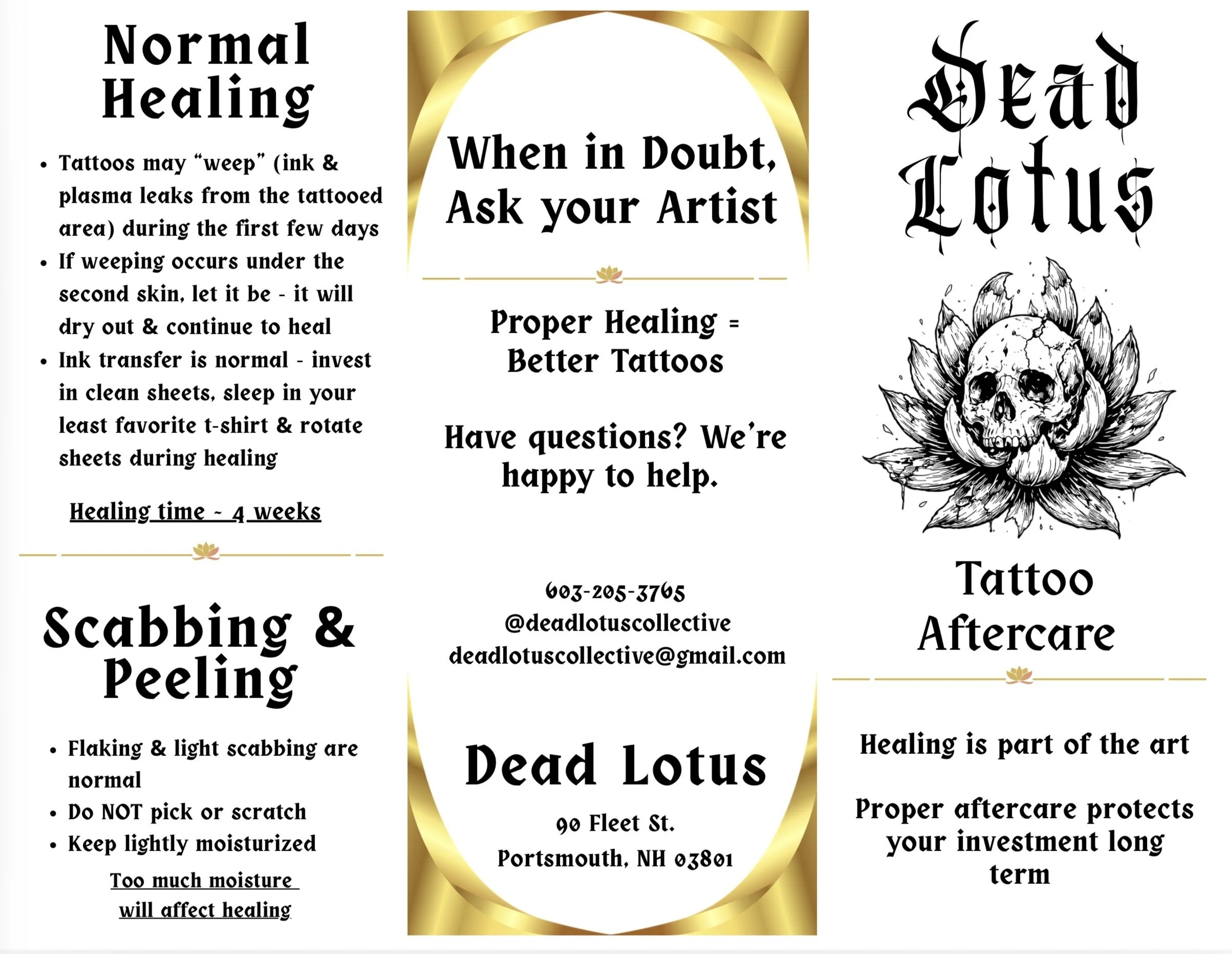Sign for Dead Lotus tattoo studio featuring healing advice, contact information, and a skull and lotus flower illustration.