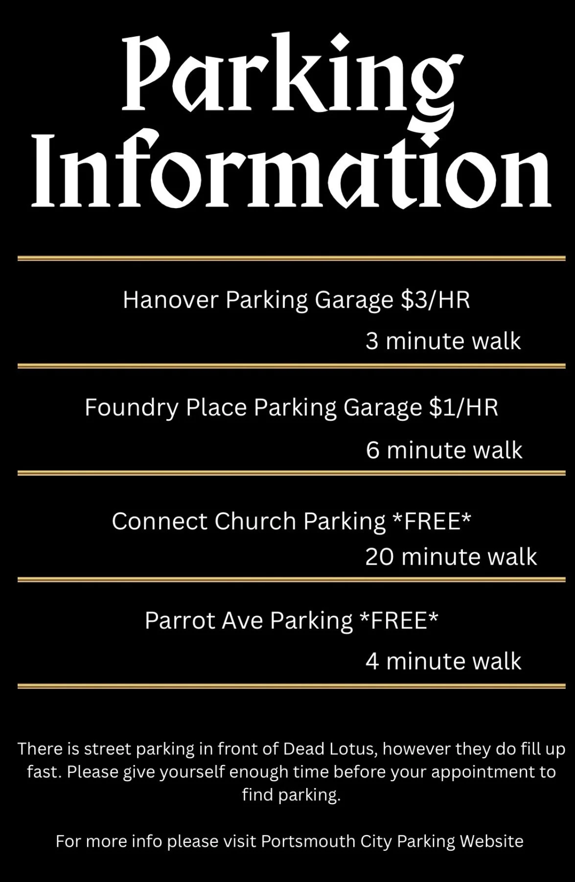Sign displaying parking information for various locations, including rates and walking distances, with options for free street and designated parking areas.