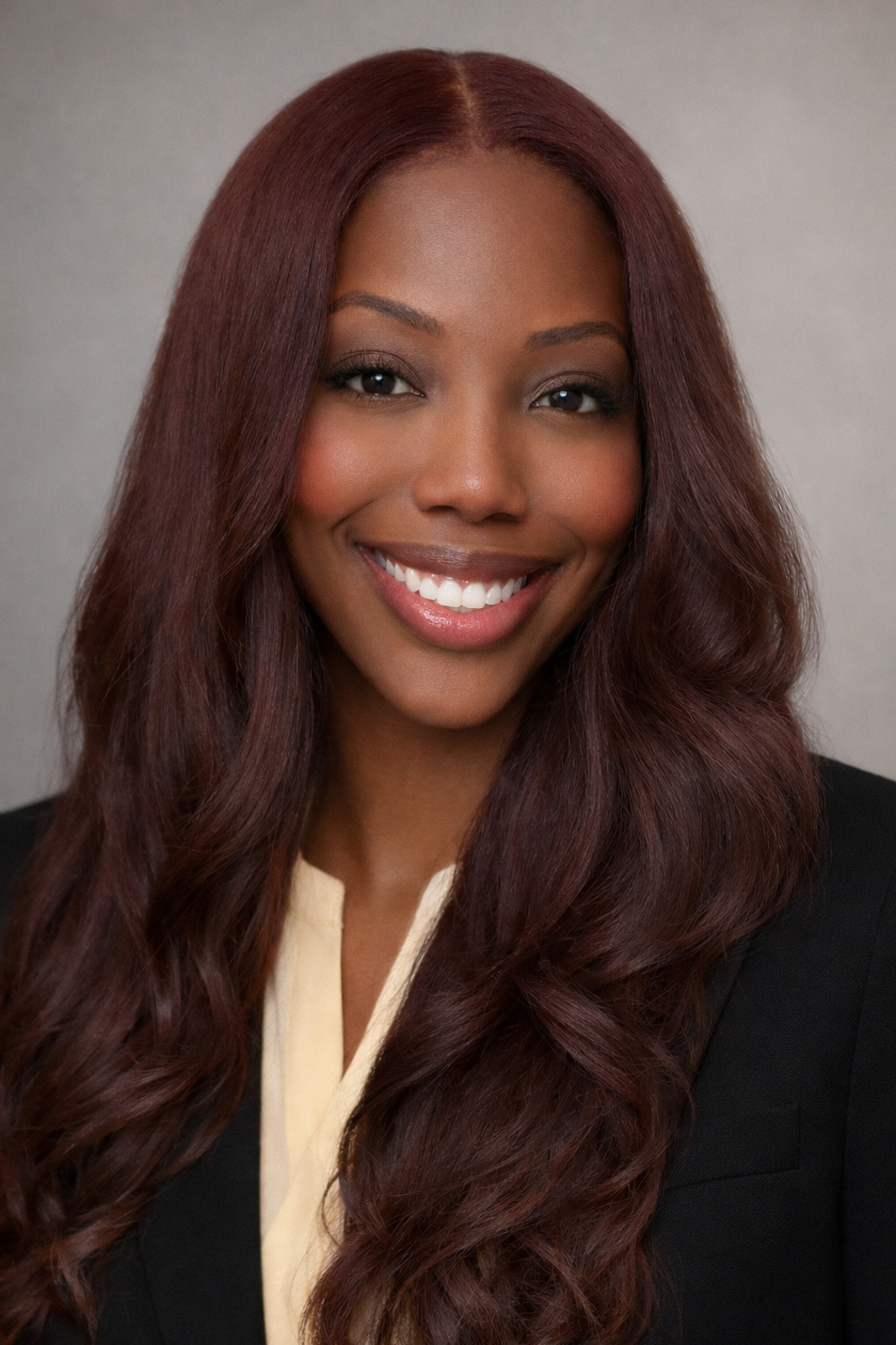 A woman with long, wavy reddish-brown hair smiling, wearing a black blazer and a light-colored blouse against a neutral background.