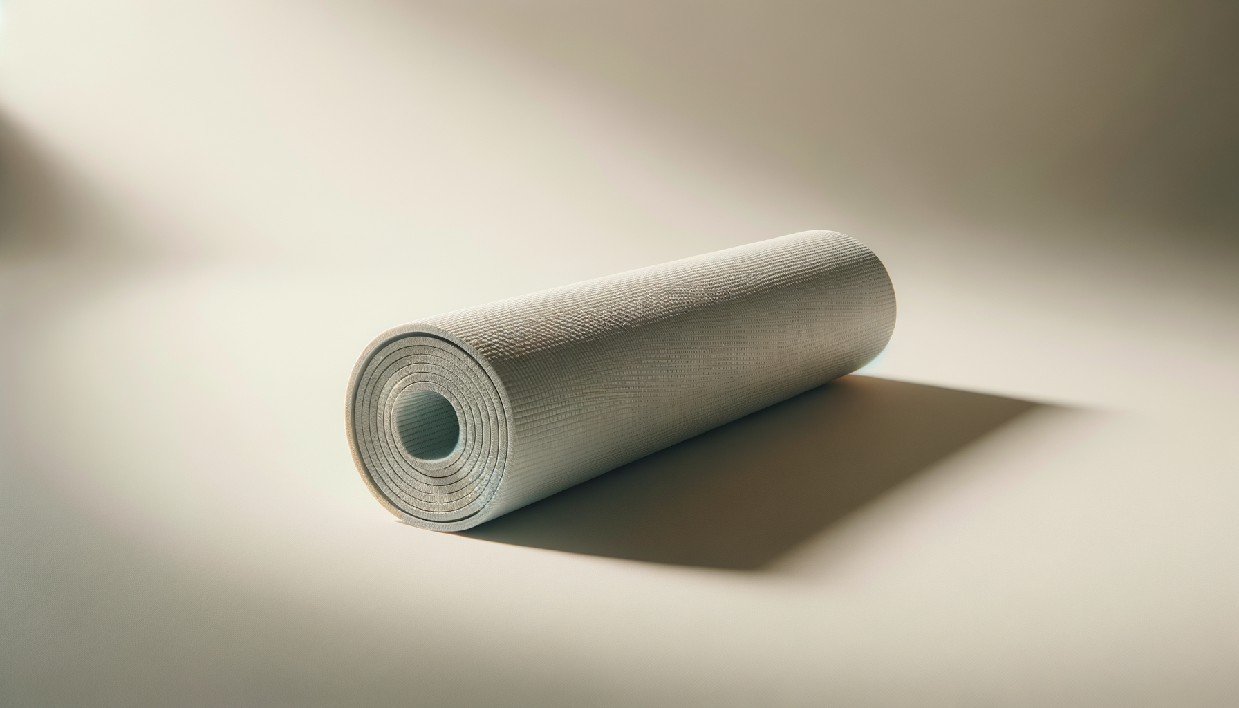 A rolled-up yoga mat lying on a light-colored surface, casting a shadow to the right.