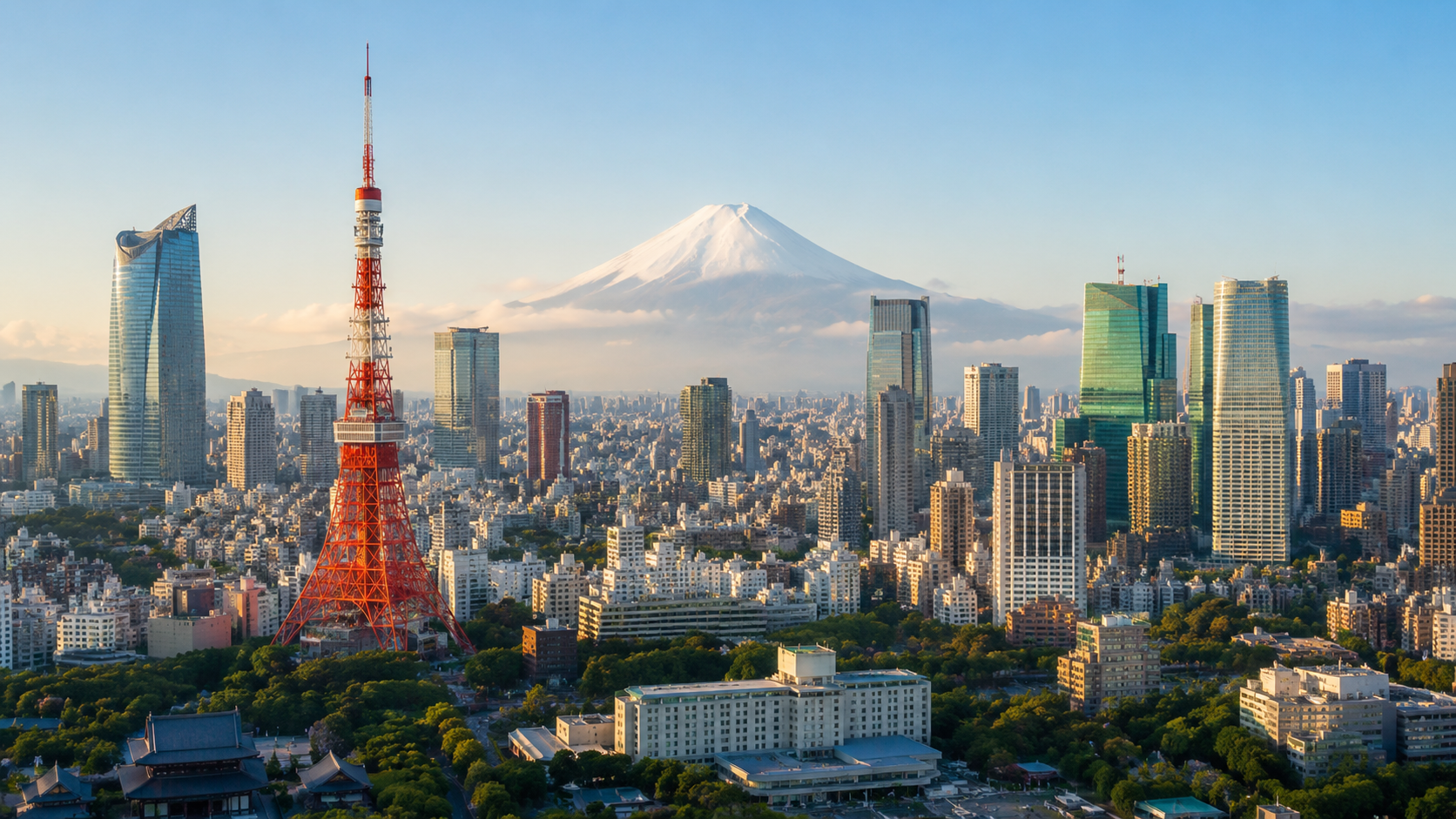 Skyline of Tokyo with Tokyo Tower in the foreground and Mount Fuji in the background.