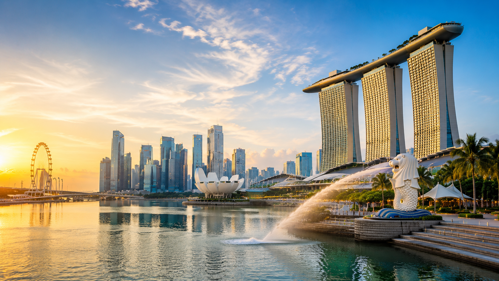 Singapore skyline at sunset with marina bay sands hotel, merlion statue, and Ferris wheel