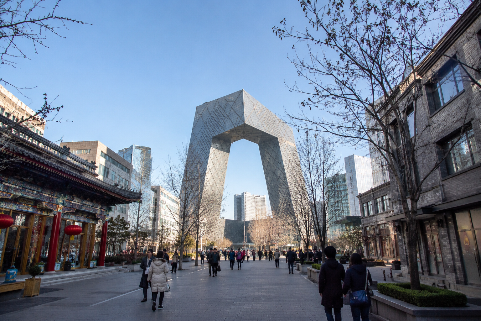 Urban scene with modern architecture, people walking, leafless trees, and a distinctive large, angular building with a hole in the middle in the background.