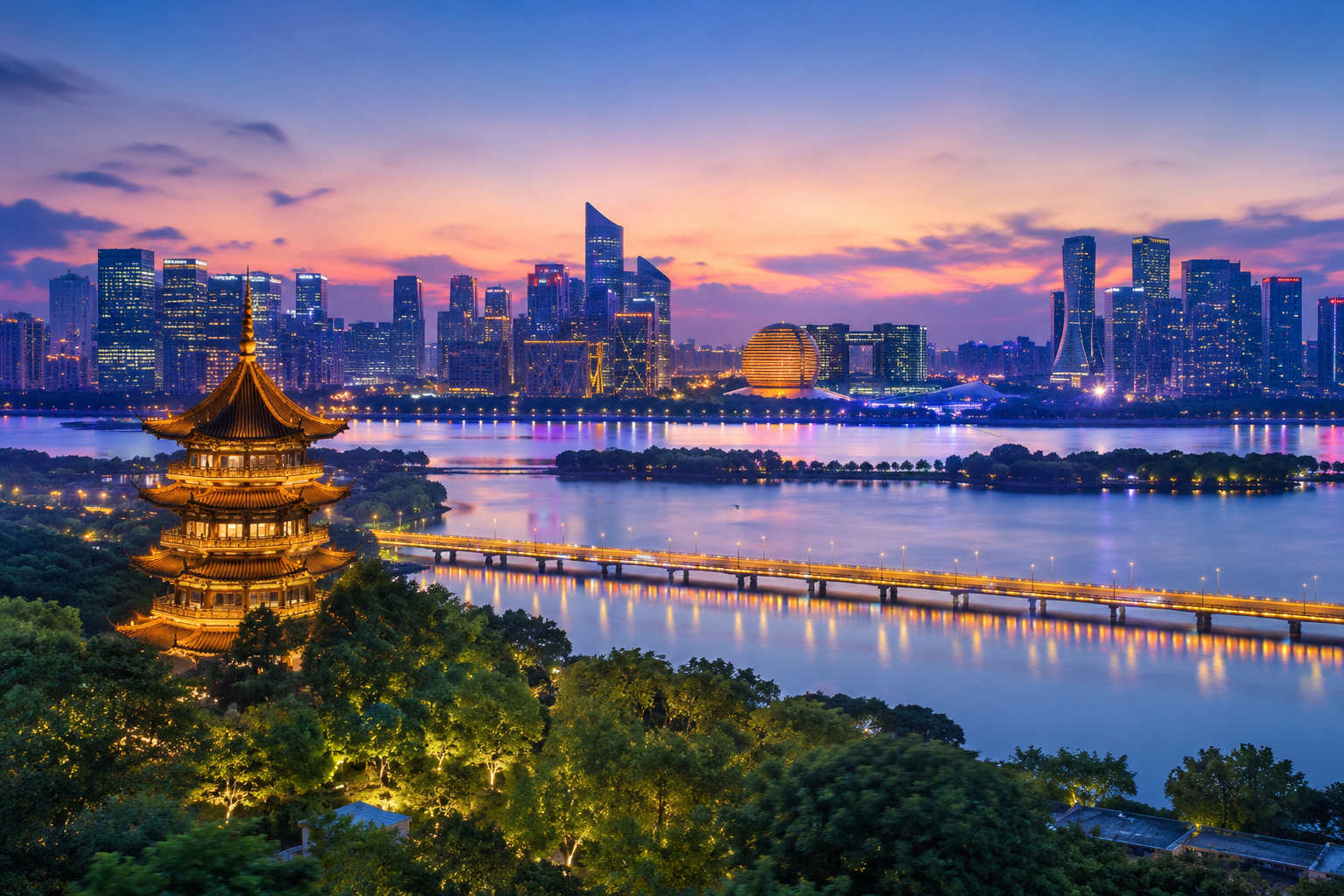 Hangzhou Night view of the city skyline for corporate delegations and tours
