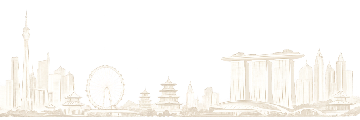Illustration of a city skyline featuring futuristic skyscrapers, a large Ferris wheel, traditional pagoda-style buildings, and the Marina Bay Sands hotel in Singapore.