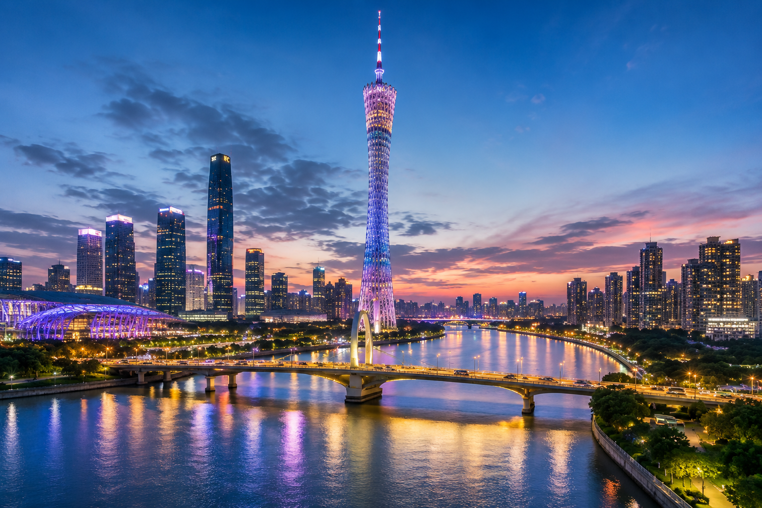 Nighttime cityscape of Guangzhou, China, featuring the Canton Tower illuminated in purple and blue lights, with the Pearl River reflecting the lights and a bridge over the water, surrounded by modern skyscrapers against a colorful sunset sky.