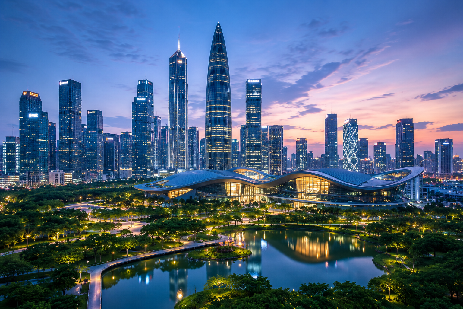 A city skyline at dusk with modern skyscrapers, a mix of tall buildings and a futuristic structure with a flowing roof, a park with a lake and trees in the foreground, and a colorful sky with purple and pink hues.