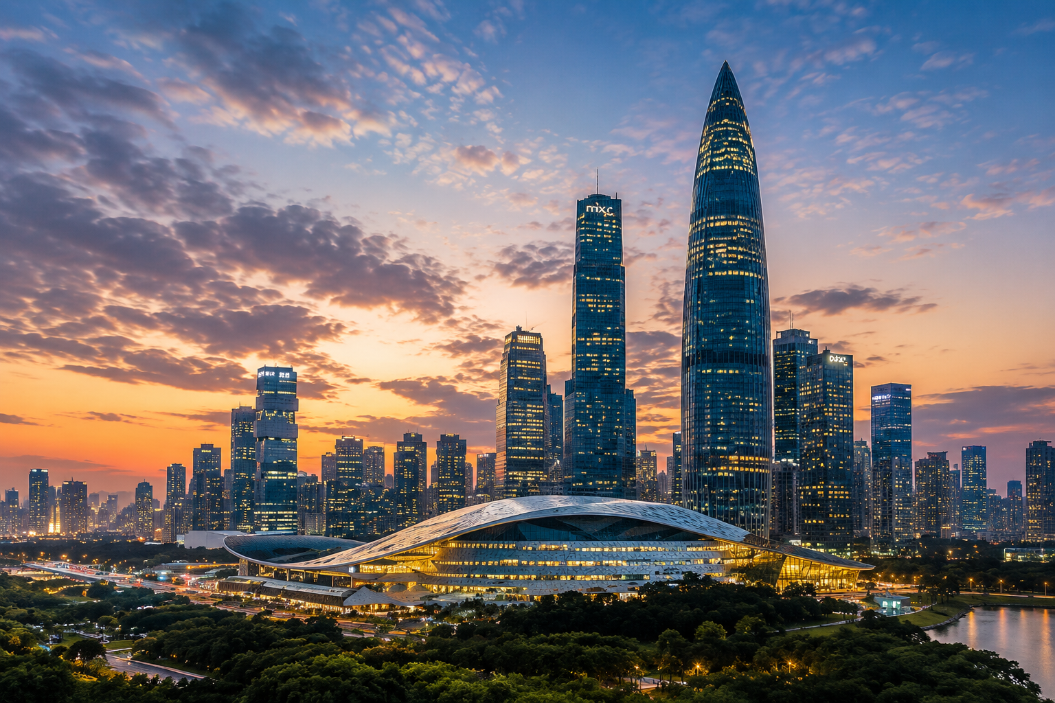 Skyline of a modern city at sunset with tall skyscrapers, including a curved white building in the foreground and a glass tower, with scattered clouds and city lights beginning to turn on.