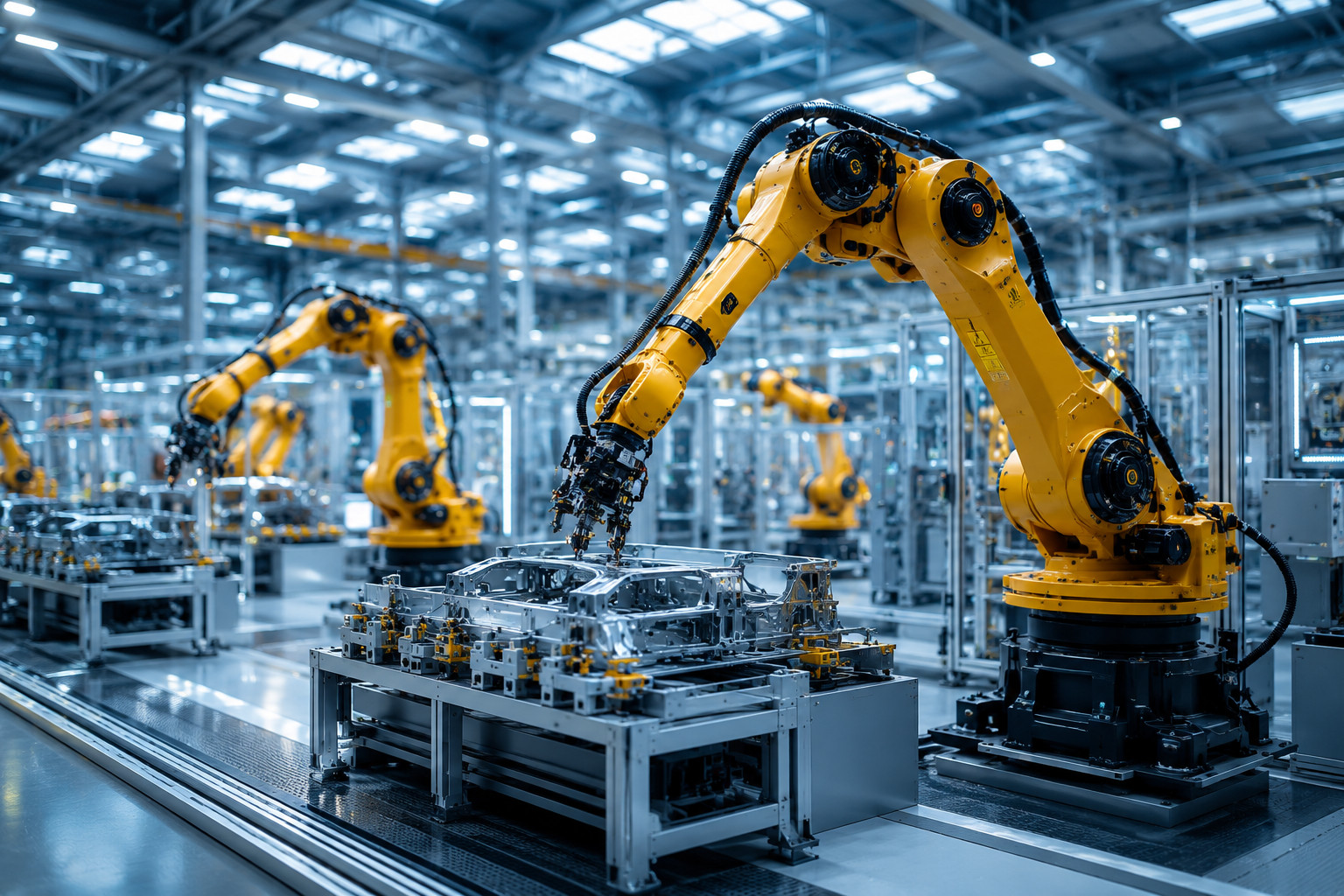 Industrial robotic arms assembling car parts on a production line in a factory.