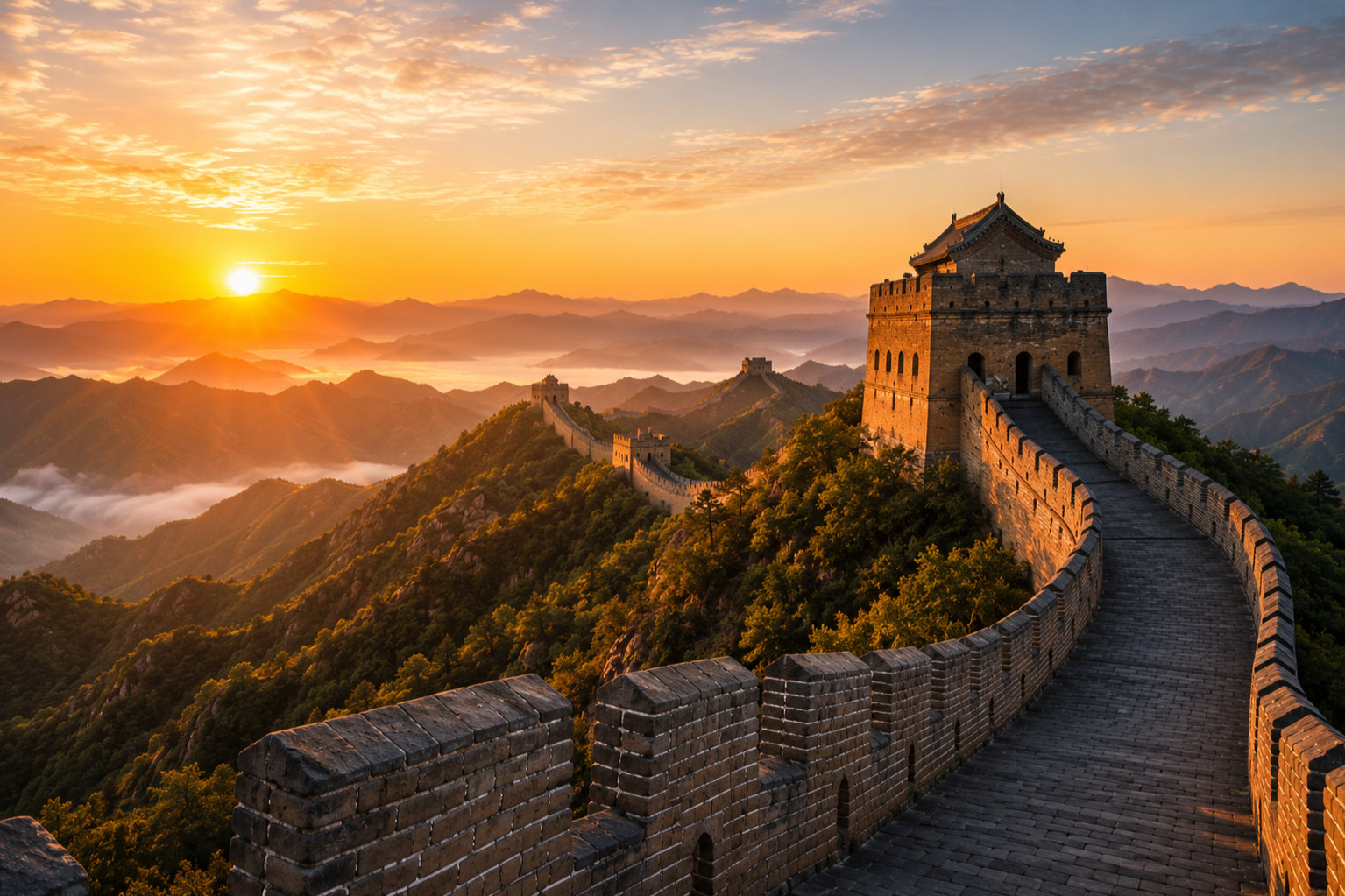 Sunrise over the Great Wall of China winding through mountains.
