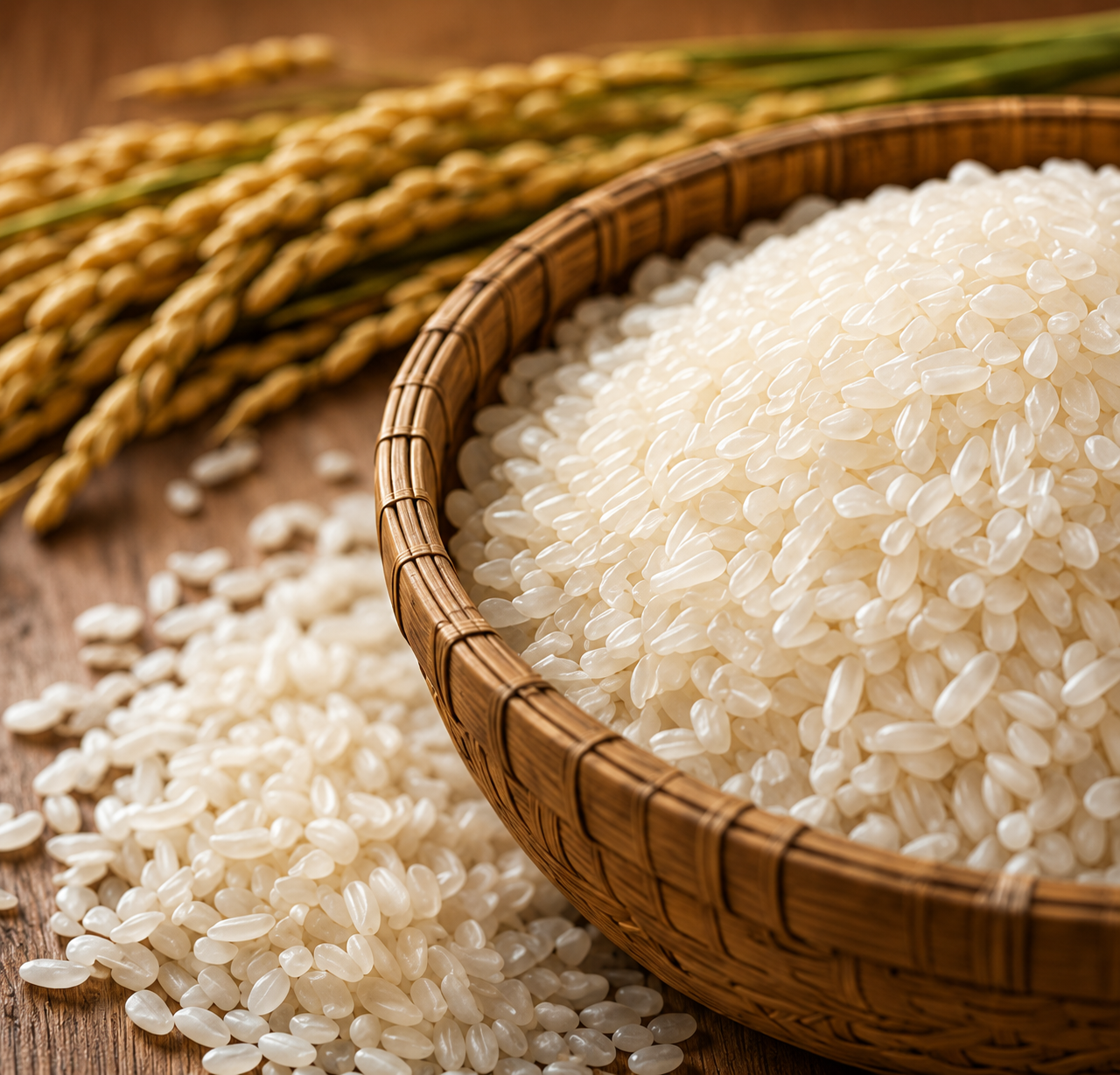A woven basket filled with white rice grains, with some rice spilled around it and dried rice stalks in the background.