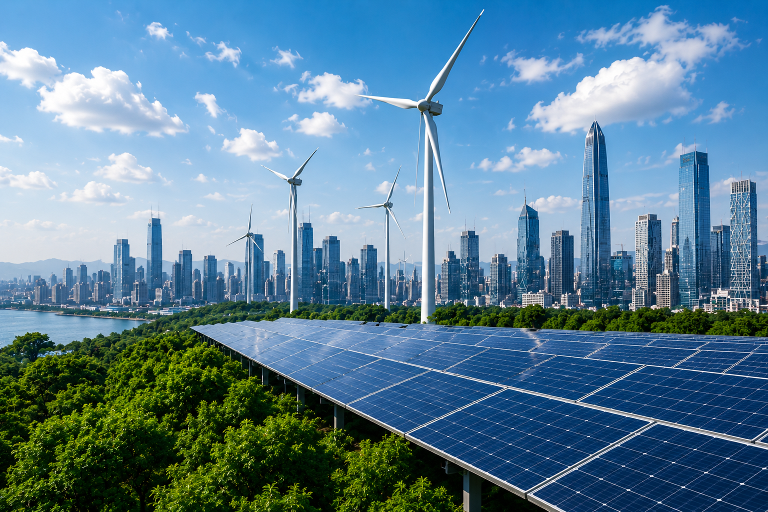Solar panels on green rooftop, wind turbines, and city skyline with skyscrapers under blue sky