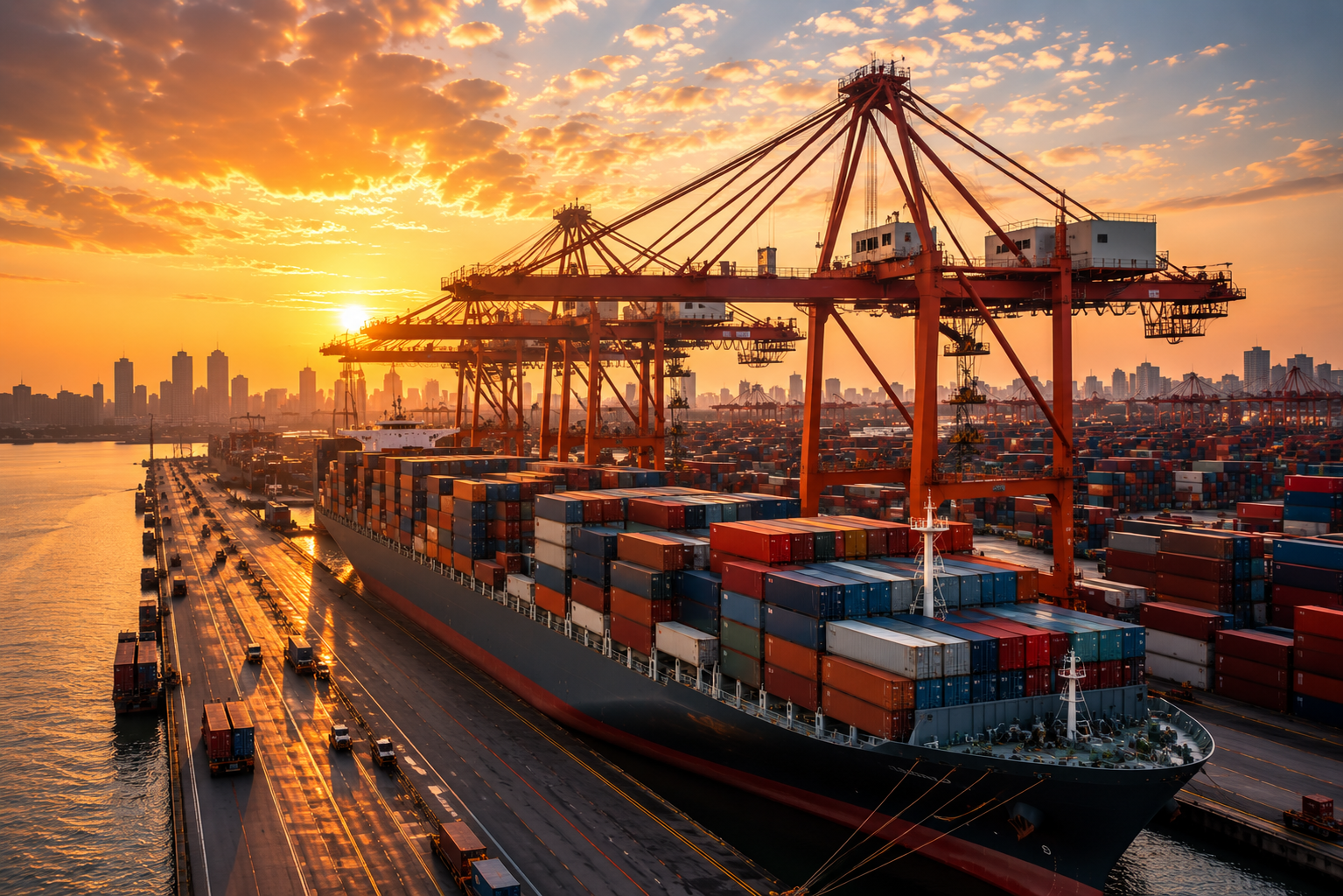 A cargo ship docked at a port during sunset, with cranes unloading containers, and a city skyline in the background.