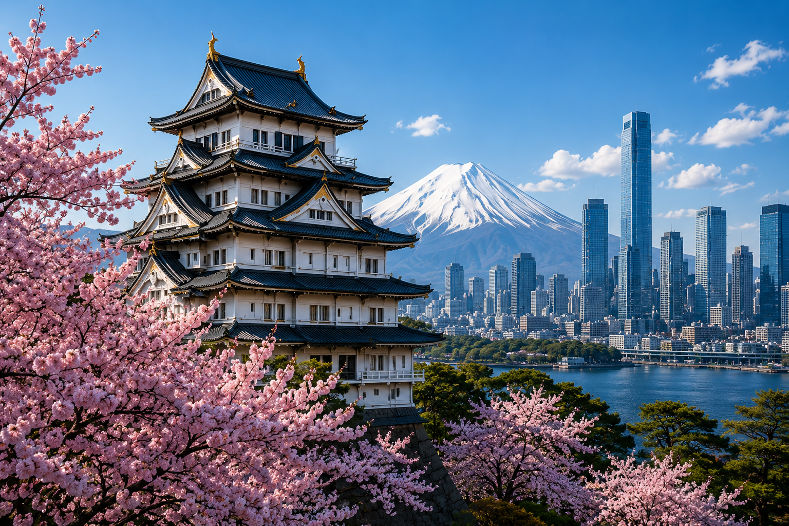 Traditional Japanese castle with pink cherry blossoms in the foreground, Tokyo skyline with Mount Fuji in the background