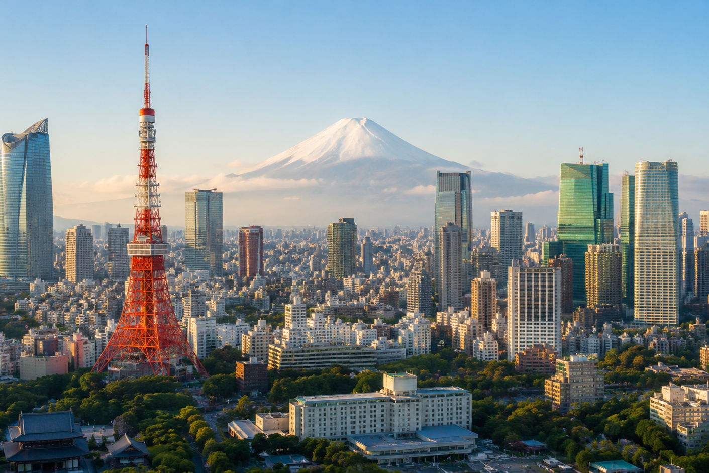 Tokyo skyline with Tokyo Tower and Mount Fuji in the background on a clear day.