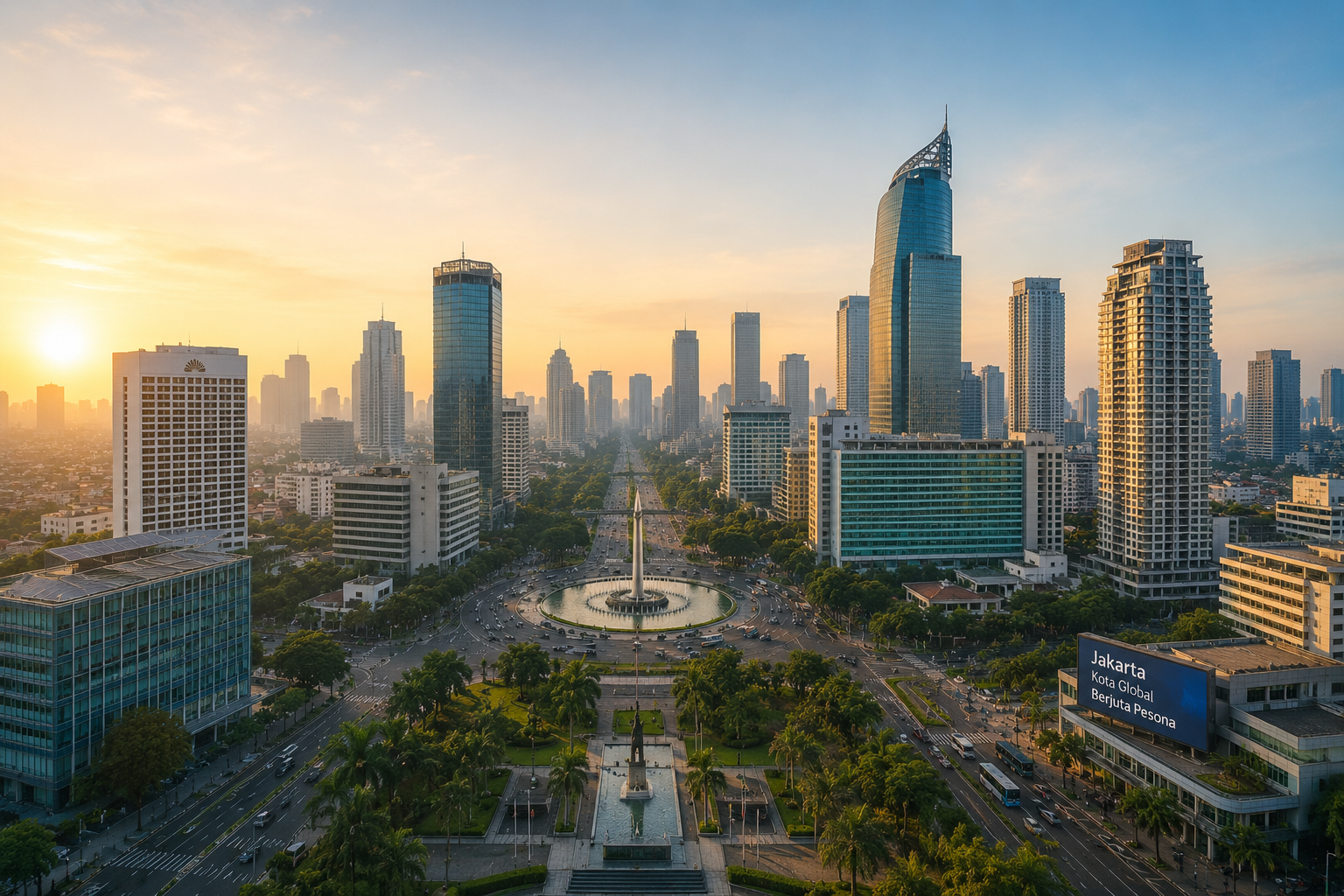 Sunrise over Jakarta's skyline with modern skyscrapers, a fountain, and lush greenery in the foreground.