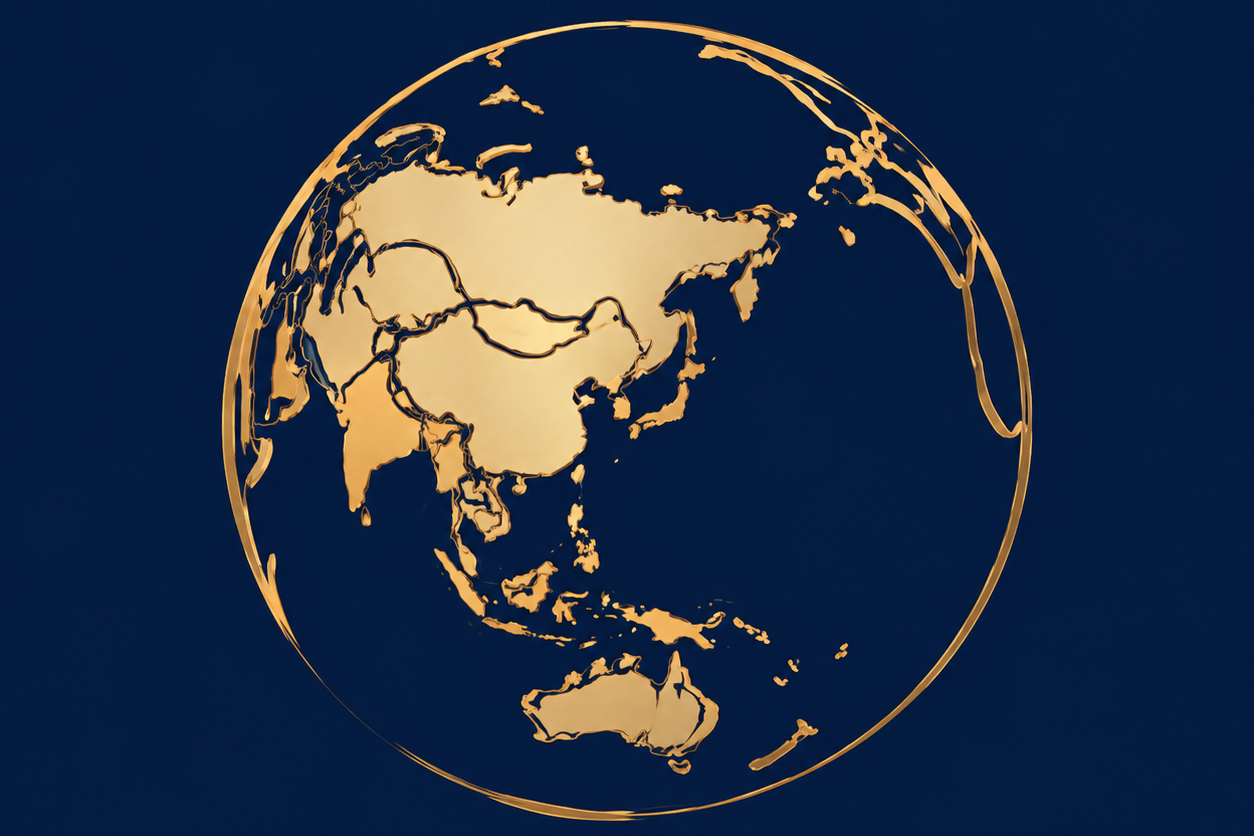 Gold-colored globe with outlines of continents on a dark blue background.