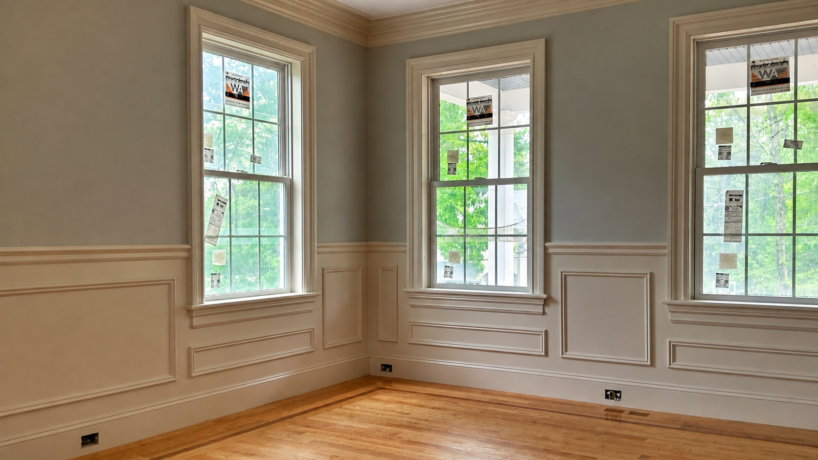 Wainscotting wall accents complete the luxurious look of this dining room.