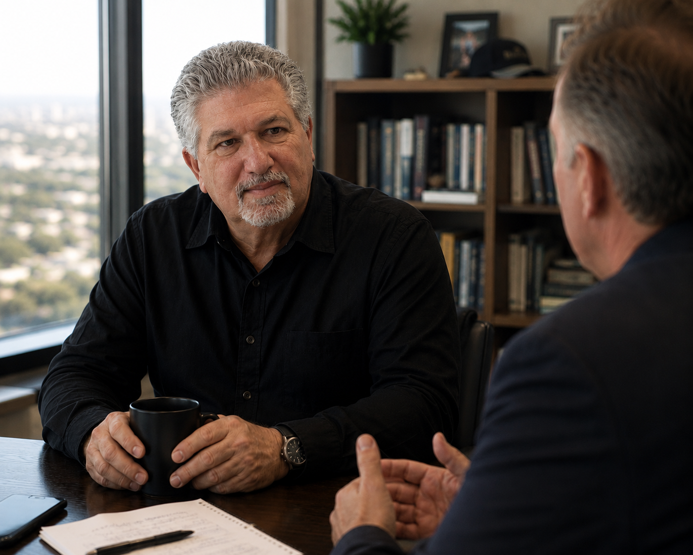 Representation of Brian & client sitting at a table having a discussion