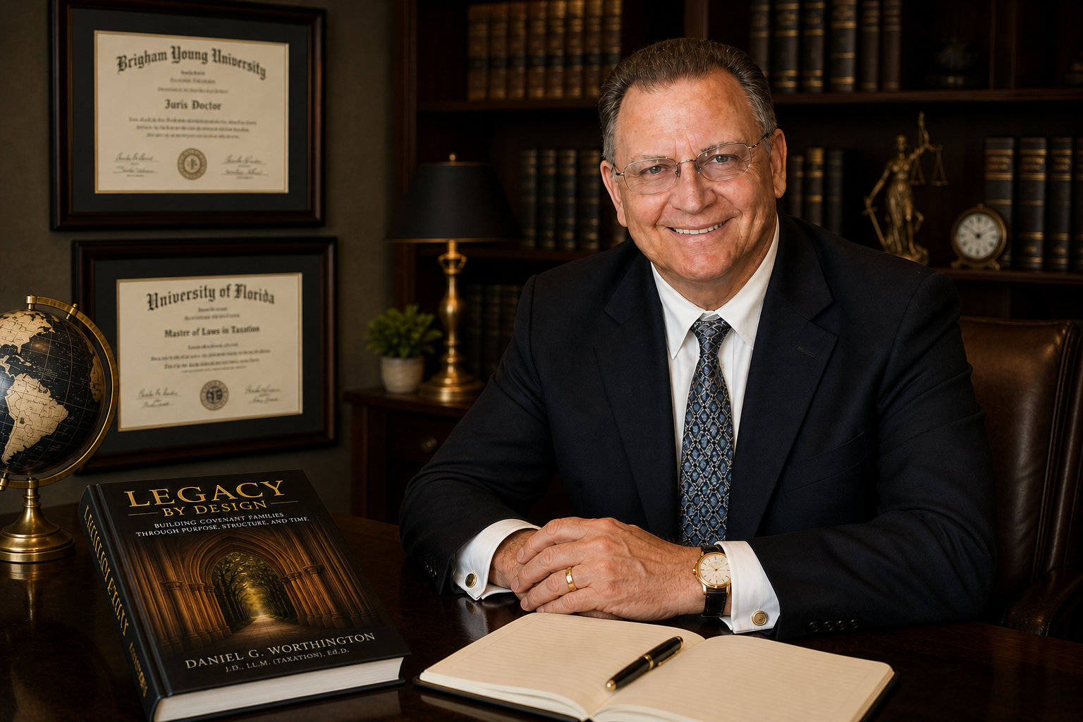 A senior man in a suit and glasses sitting at a wooden desk in a library or office, smiling. Behind him are framed diplomas from Brigham Young University and the University of Florida. On the desk are a globe, a large book titled "Legacy by Design," an open notebook, and a pen.