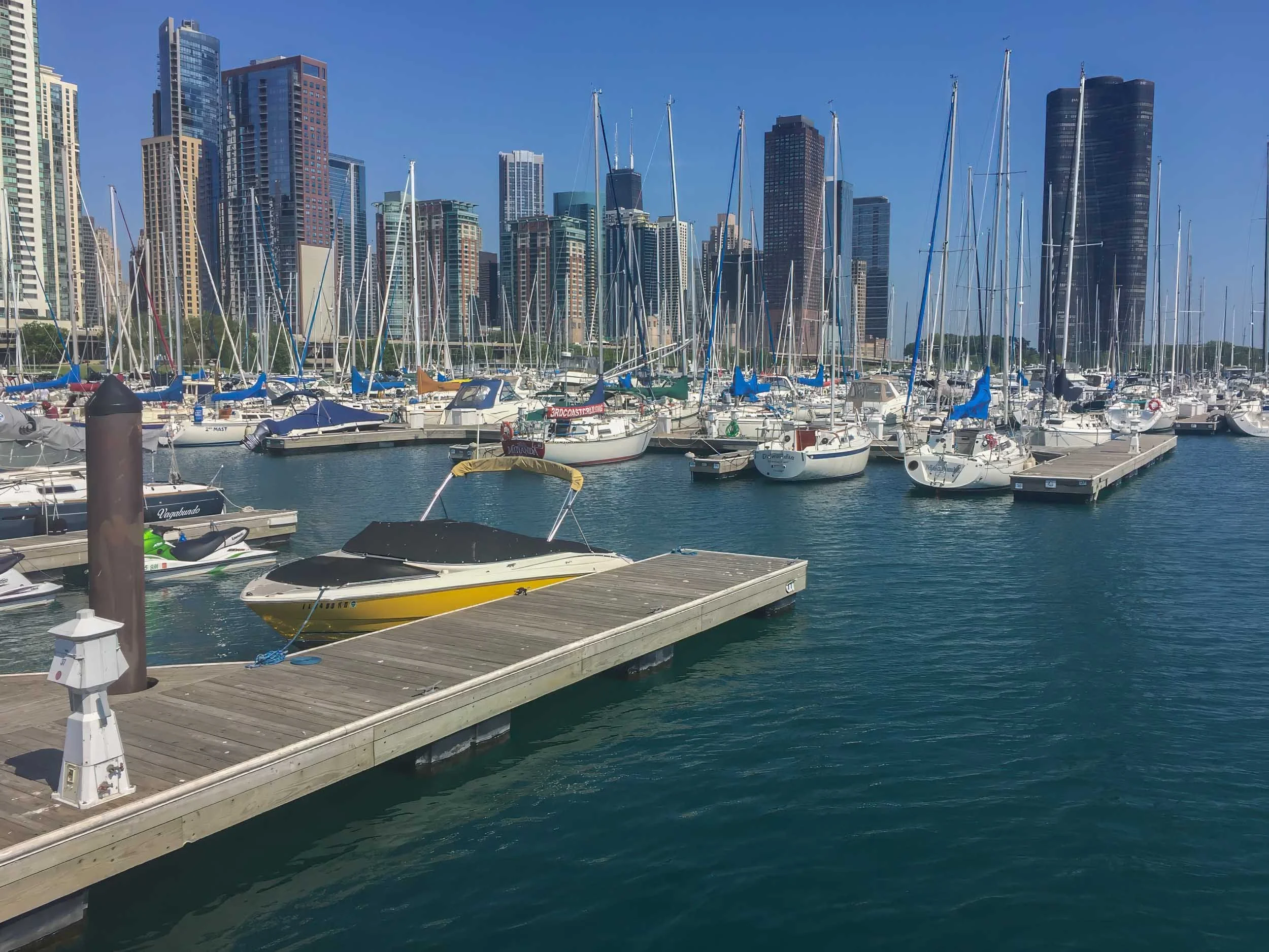 Immediately south of Navy Pier is DuSable Harbor with 420 floating boat slips that can accommodate boats from 30-100 feet in length.