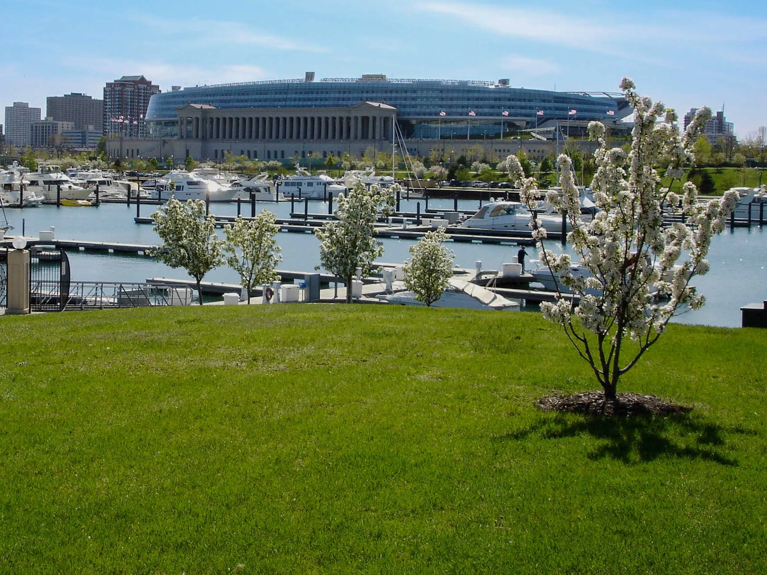 Soldier Field - the home of the Chicago Bears. The old facade from the original stadium that opened in 1925 was left standing with a modern stadium that was built inside the old walls. The new structure is often call the Space Ship. Most don't know t