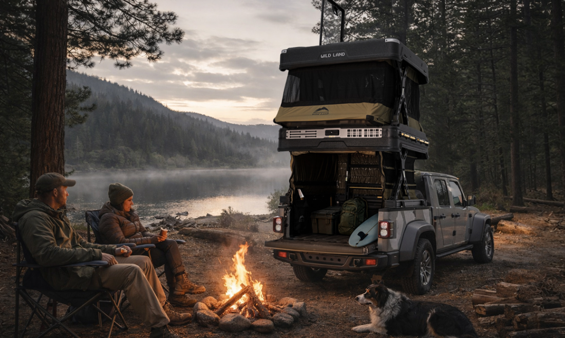 Two people sitting by a campfire next to a pickup truck with an elevated camping tent, near a lake in a forested area at dusk.