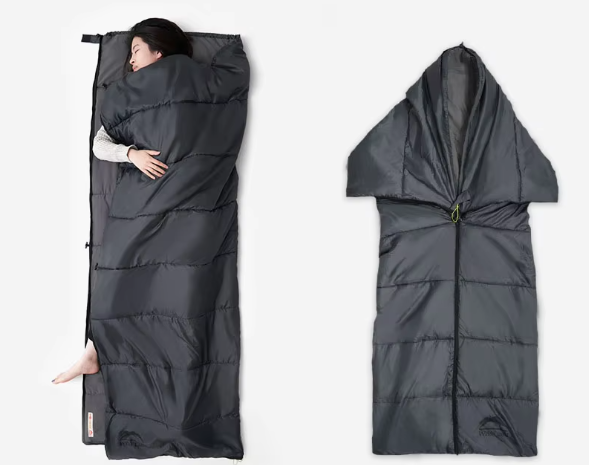 A woman sleeping inside a portable sleeping bag on the left, and the sleeping bag unzipped and laid flat on the right.