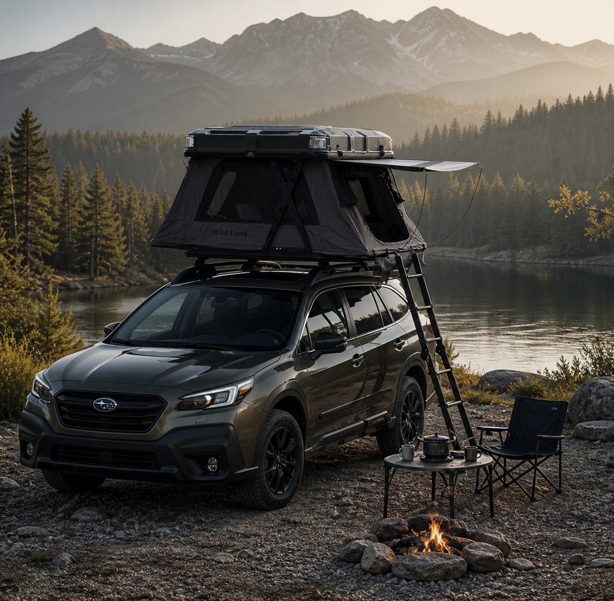 A black Subaru SUV parked by a lake with a rooftop tent, a ladder, camping chairs, and a campfire, surrounded by trees and mountains at sunset.