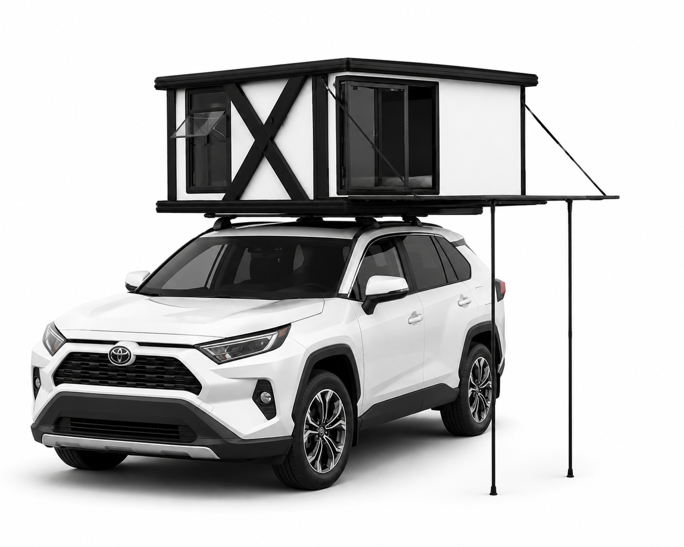 A white Toyota RAV4 with a small house on top, supported by poles, against a plain white background.